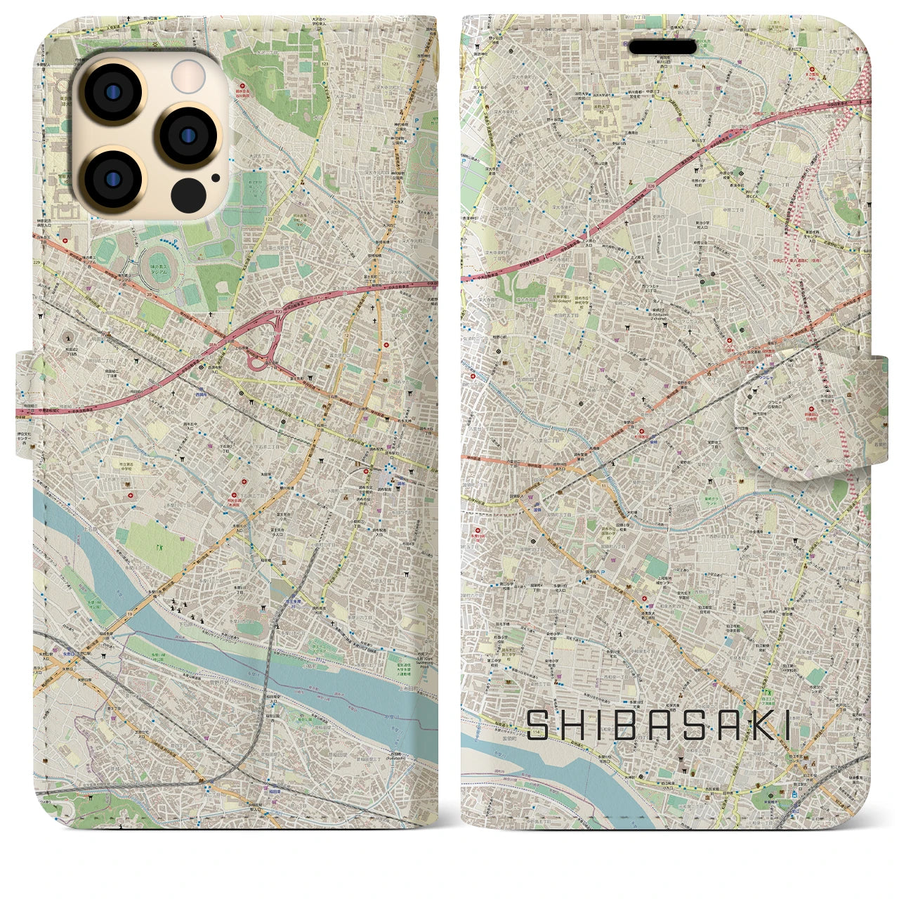 【柴崎】地図柄iPhoneケース（手帳両面タイプ・ナチュラル）iPhone 12 Pro Max 用
