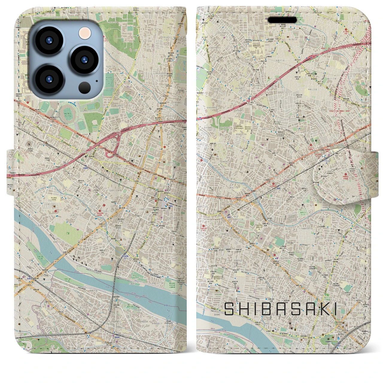 【柴崎】地図柄iPhoneケース（手帳両面タイプ・ナチュラル）iPhone 13 Pro Max 用