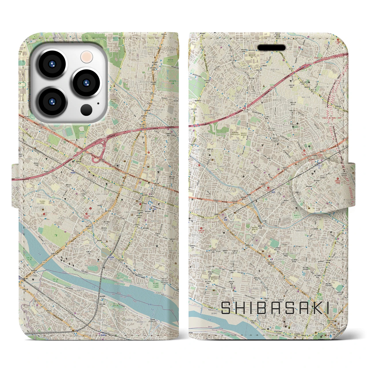 【柴崎】地図柄iPhoneケース（手帳両面タイプ・ナチュラル）iPhone 13 Pro 用