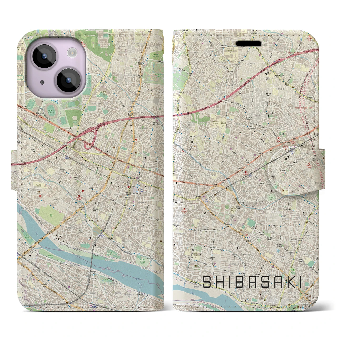 【柴崎】地図柄iPhoneケース（手帳両面タイプ・ナチュラル）iPhone 14 用