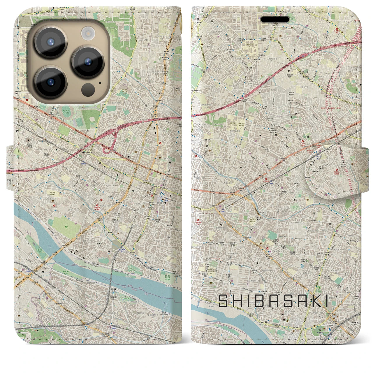 【柴崎】地図柄iPhoneケース（手帳両面タイプ・ナチュラル）iPhone 14 Pro Max 用