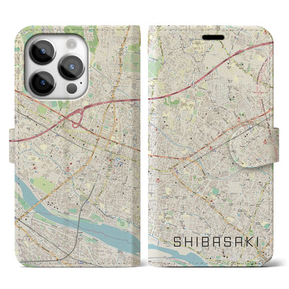 【柴崎】地図柄iPhoneケース（手帳両面タイプ・ナチュラル）iPhone 14 Pro 用