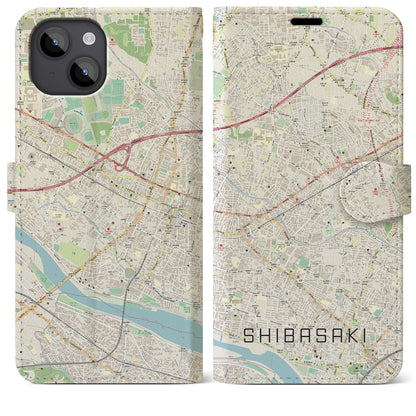 【柴崎】地図柄iPhoneケース（手帳両面タイプ・ナチュラル）iPhone 14 Plus 用