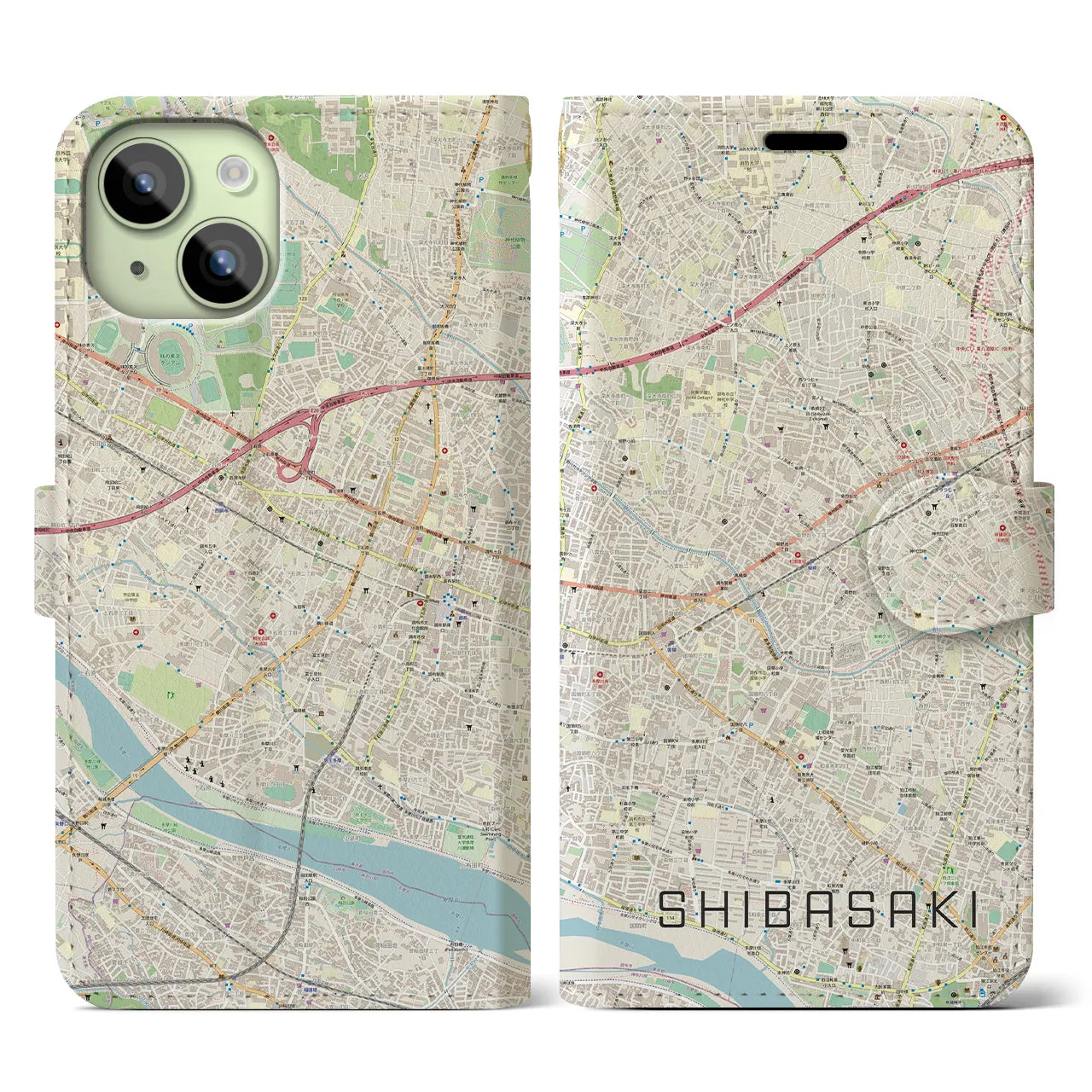 【柴崎】地図柄iPhoneケース（手帳両面タイプ・ナチュラル）iPhone 15 用