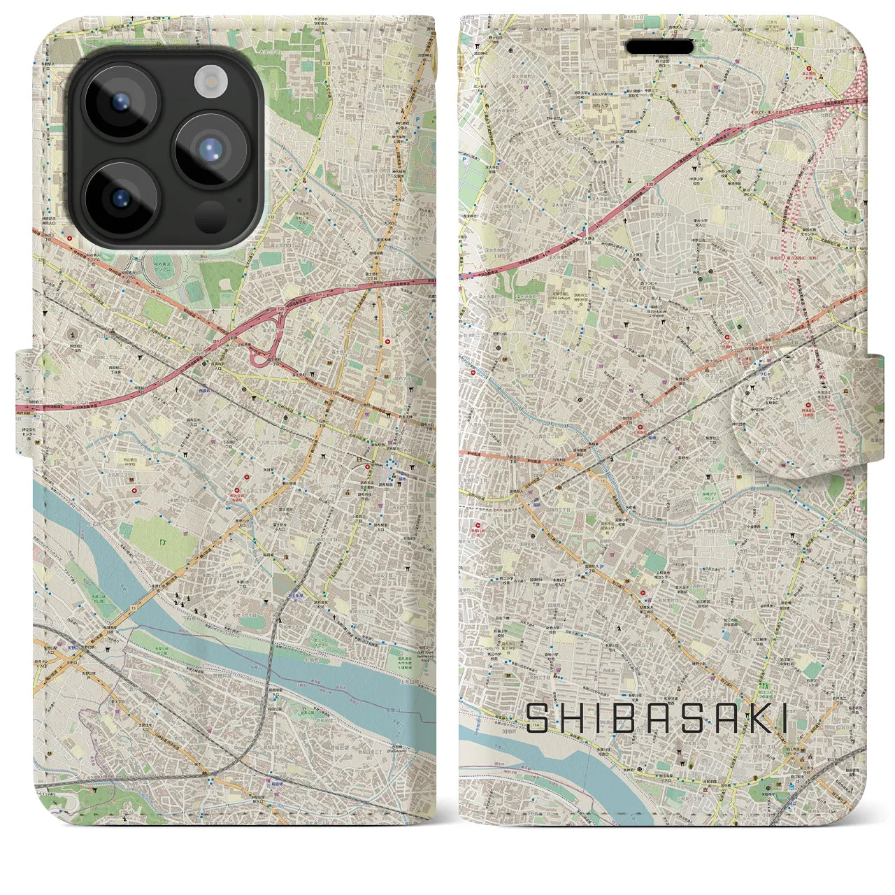【柴崎】地図柄iPhoneケース（手帳両面タイプ・ナチュラル）iPhone 15 Pro Max 用