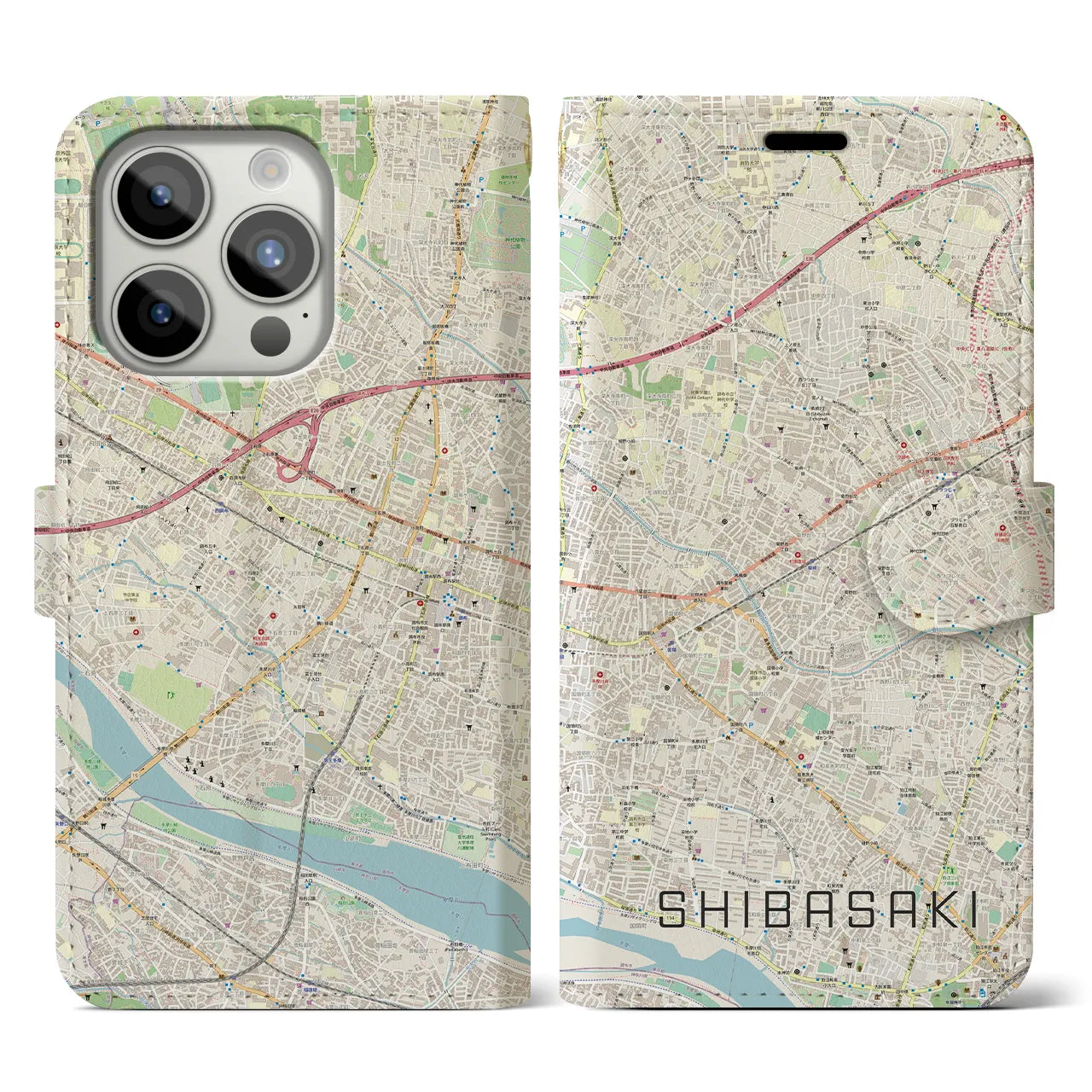 【柴崎】地図柄iPhoneケース（手帳両面タイプ・ナチュラル）iPhone 15 Pro 用