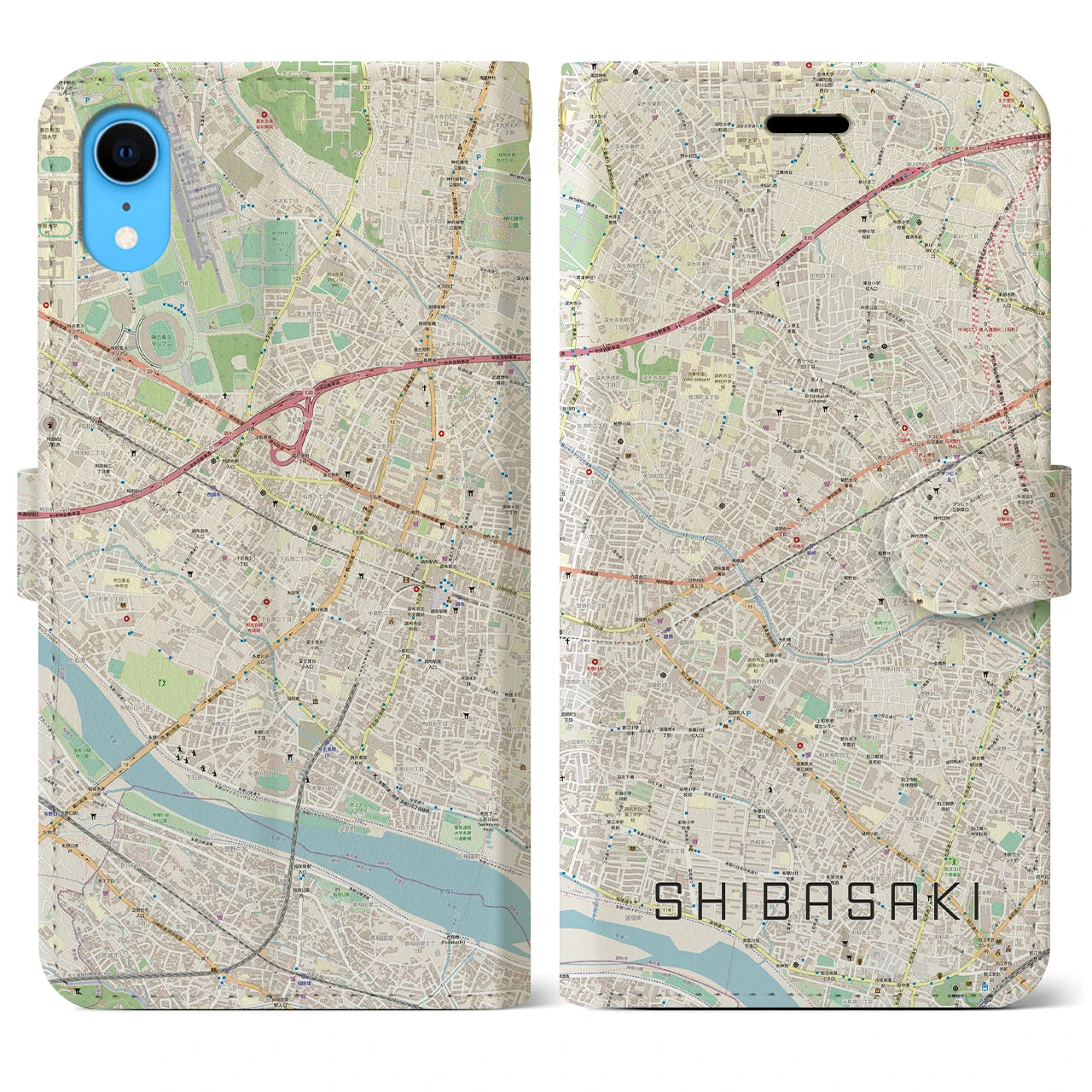 【柴崎】地図柄iPhoneケース（手帳両面タイプ・ナチュラル）iPhone XR 用