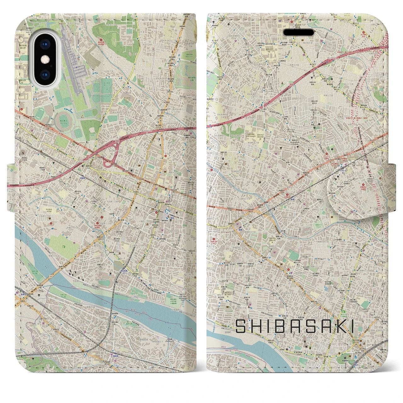 【柴崎】地図柄iPhoneケース（手帳両面タイプ・ナチュラル）iPhone XS Max 用