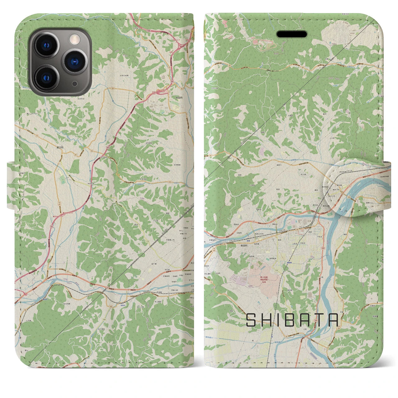 【柴田】地図柄iPhoneケース（手帳両面タイプ・ナチュラル）iPhone 11 Pro Max 用