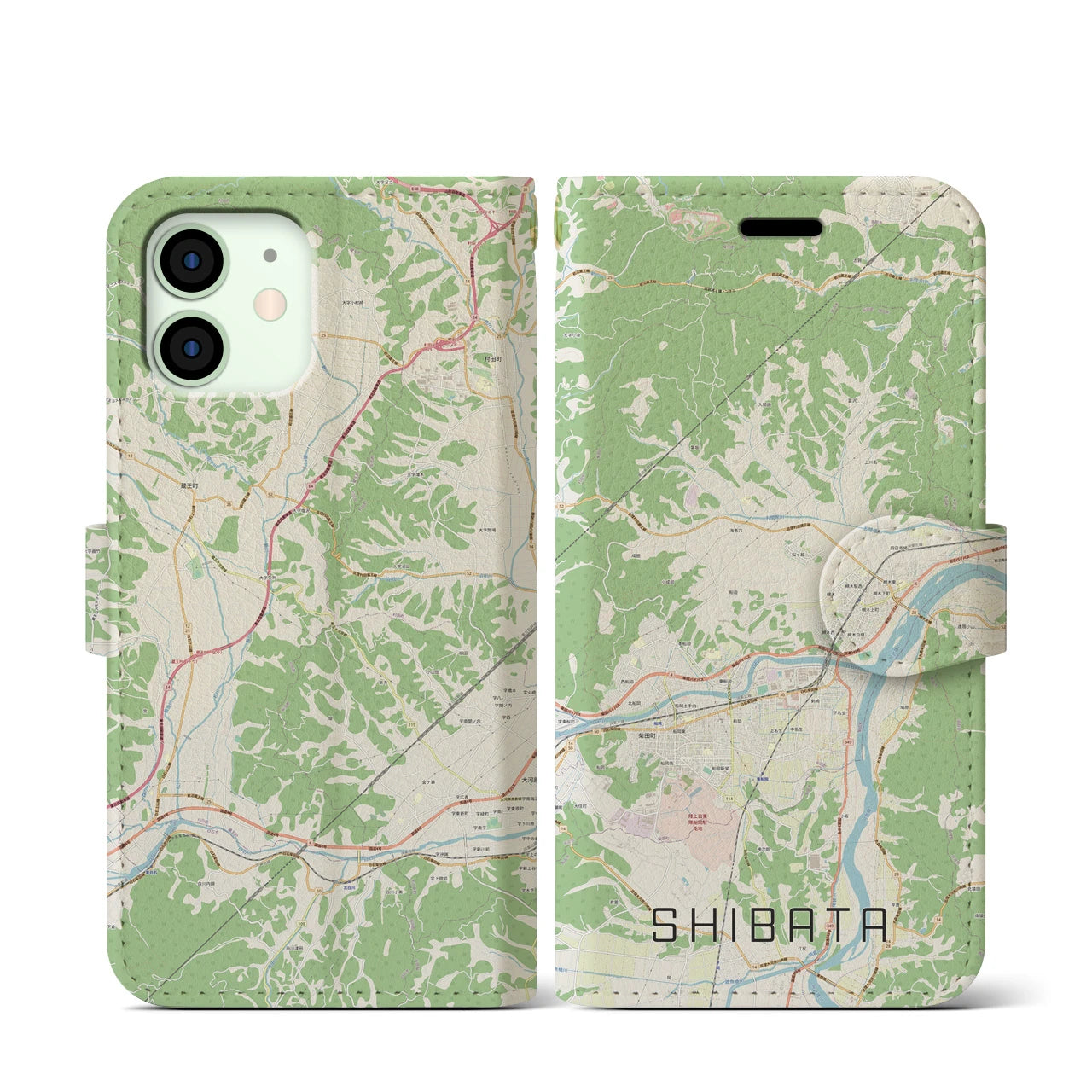【柴田】地図柄iPhoneケース（手帳両面タイプ・ナチュラル）iPhone 12 mini 用