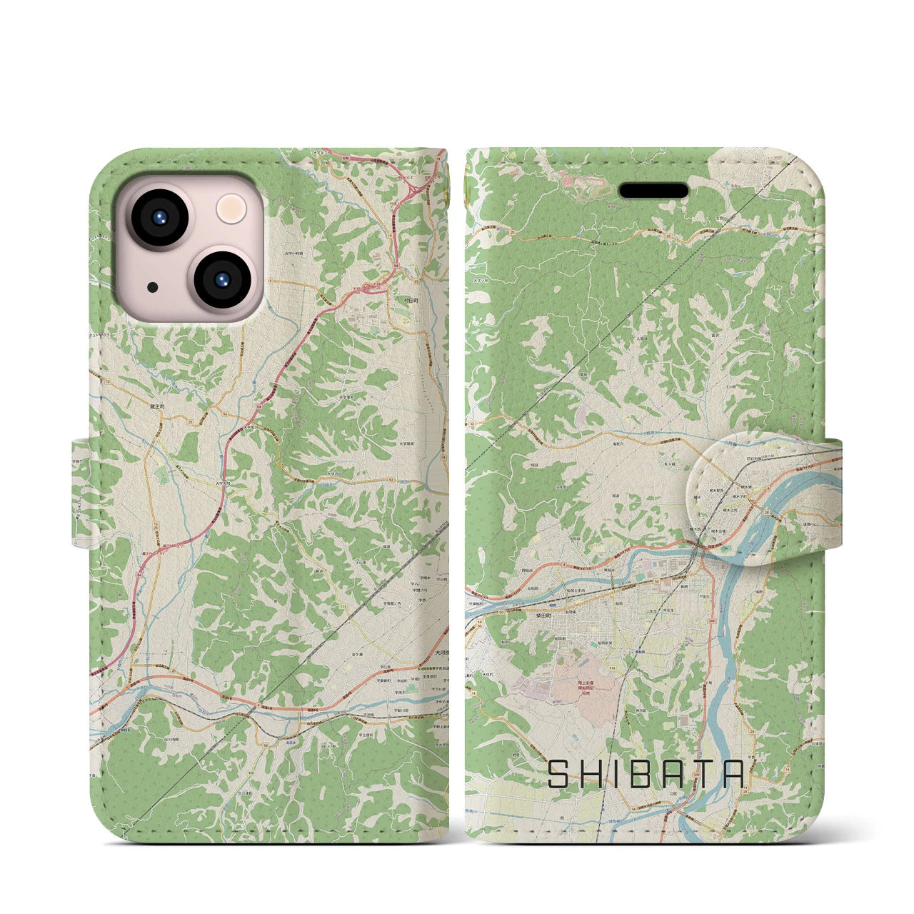 【柴田】地図柄iPhoneケース（手帳両面タイプ・ナチュラル）iPhone 13 mini 用