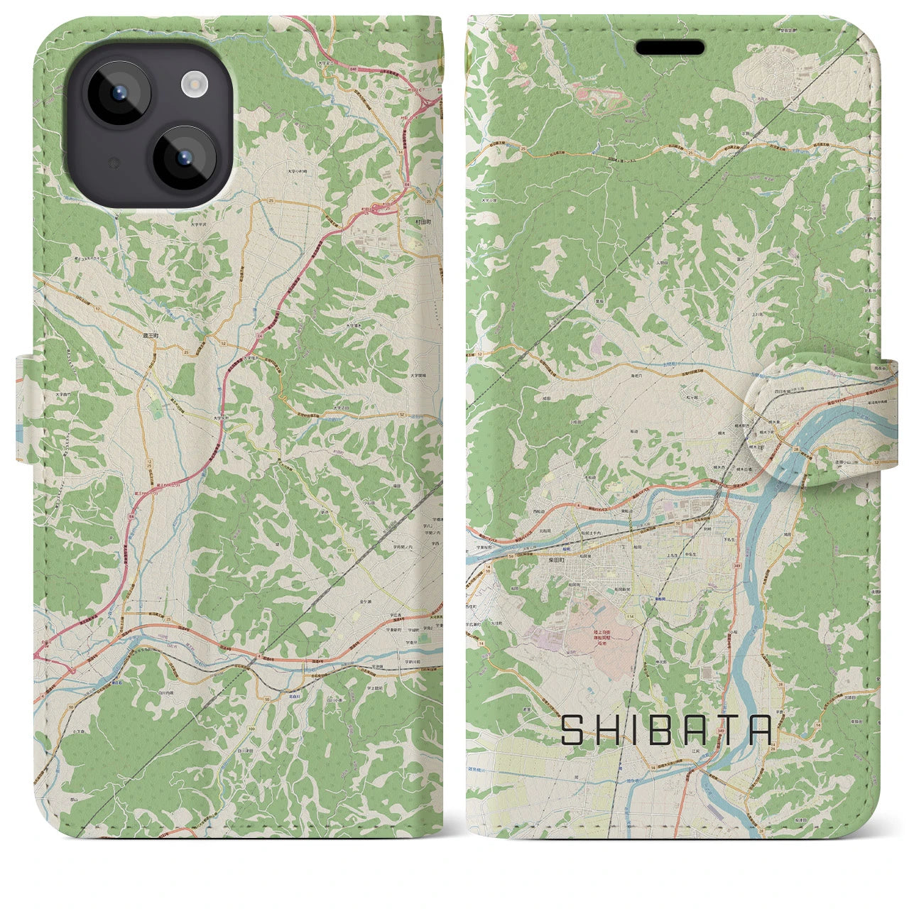 【柴田】地図柄iPhoneケース（手帳両面タイプ・ナチュラル）iPhone 14 Plus 用