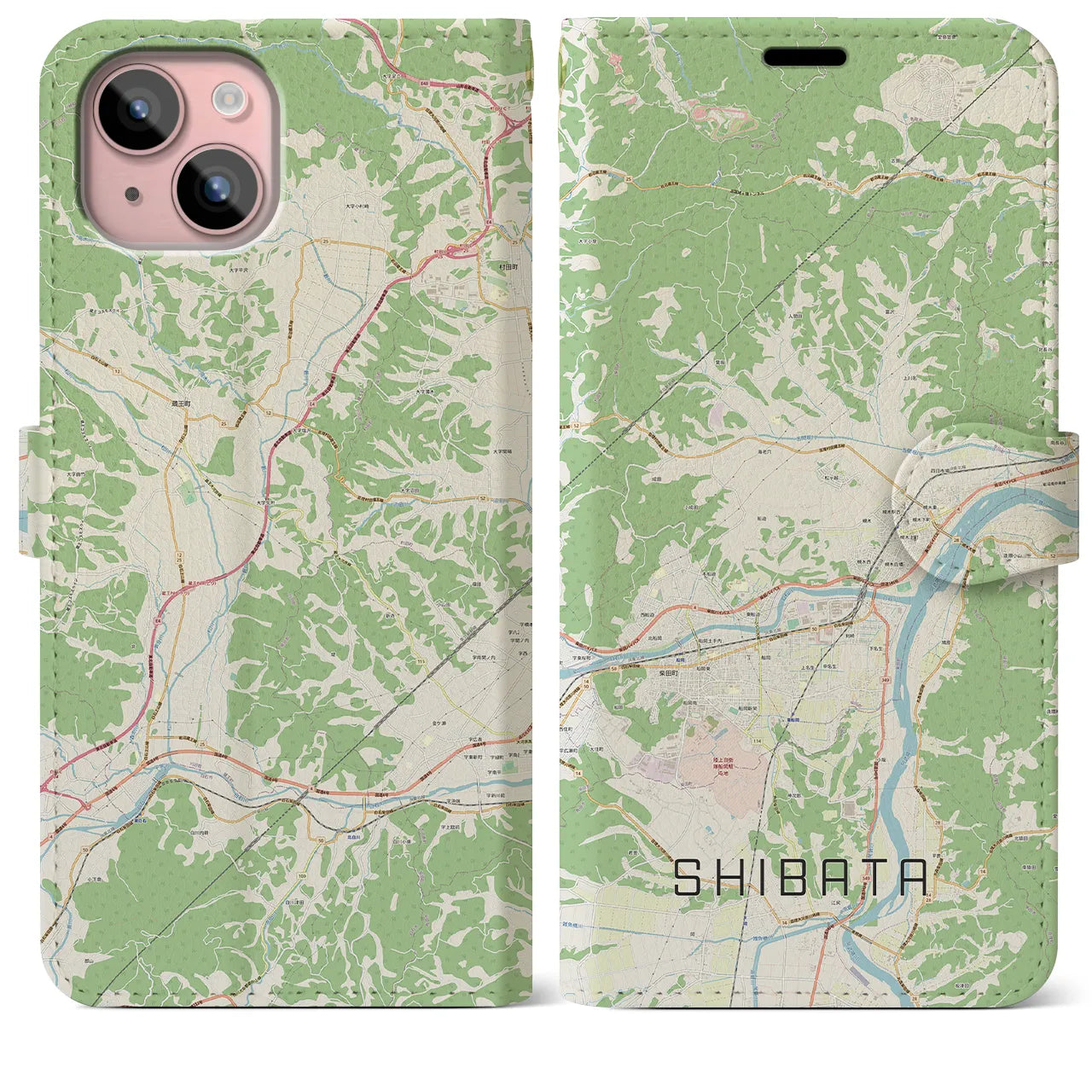 【柴田】地図柄iPhoneケース（手帳両面タイプ・ナチュラル）iPhone 15 Plus 用