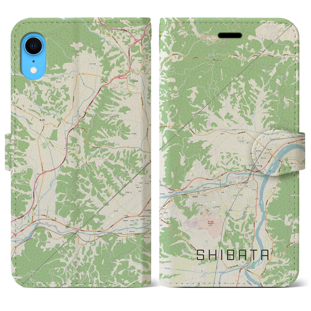 【柴田】地図柄iPhoneケース（手帳両面タイプ・ナチュラル）iPhone XR 用