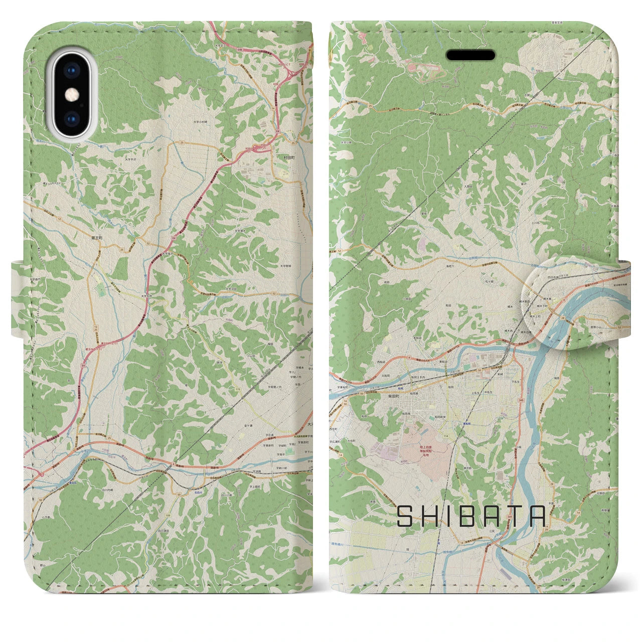 【柴田】地図柄iPhoneケース（手帳両面タイプ・ナチュラル）iPhone XS Max 用
