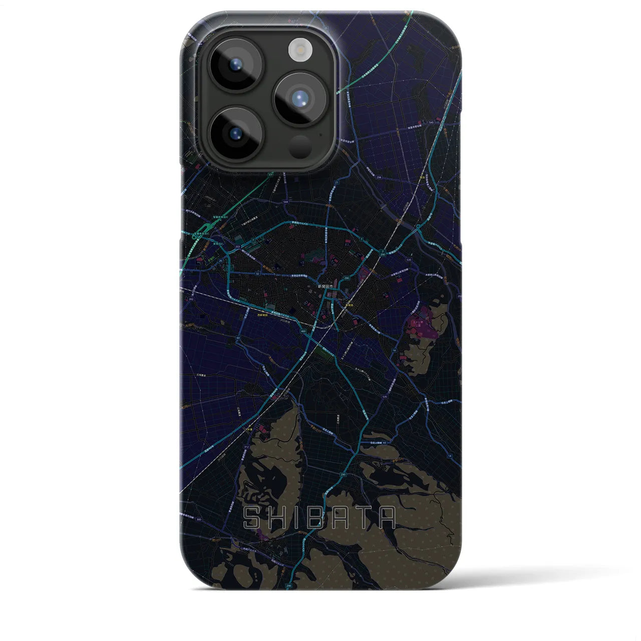 【新発田】地図柄iPhoneケース（バックカバータイプ・ブラック）iPhone 15 Pro Max 用