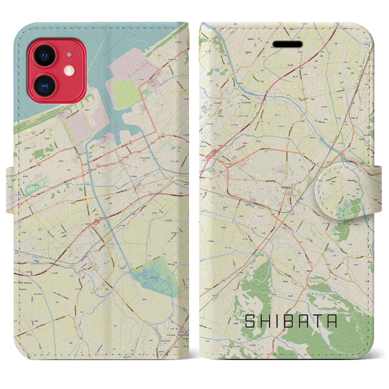 【新発田】地図柄iPhoneケース（手帳両面タイプ・ナチュラル）iPhone 11 用