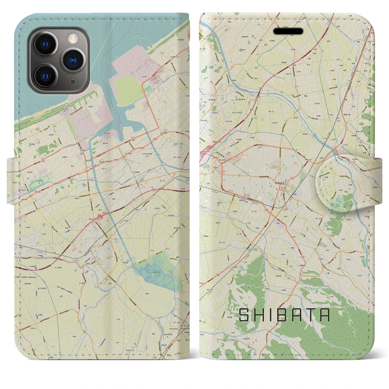 【新発田】地図柄iPhoneケース（手帳両面タイプ・ナチュラル）iPhone 11 Pro Max 用