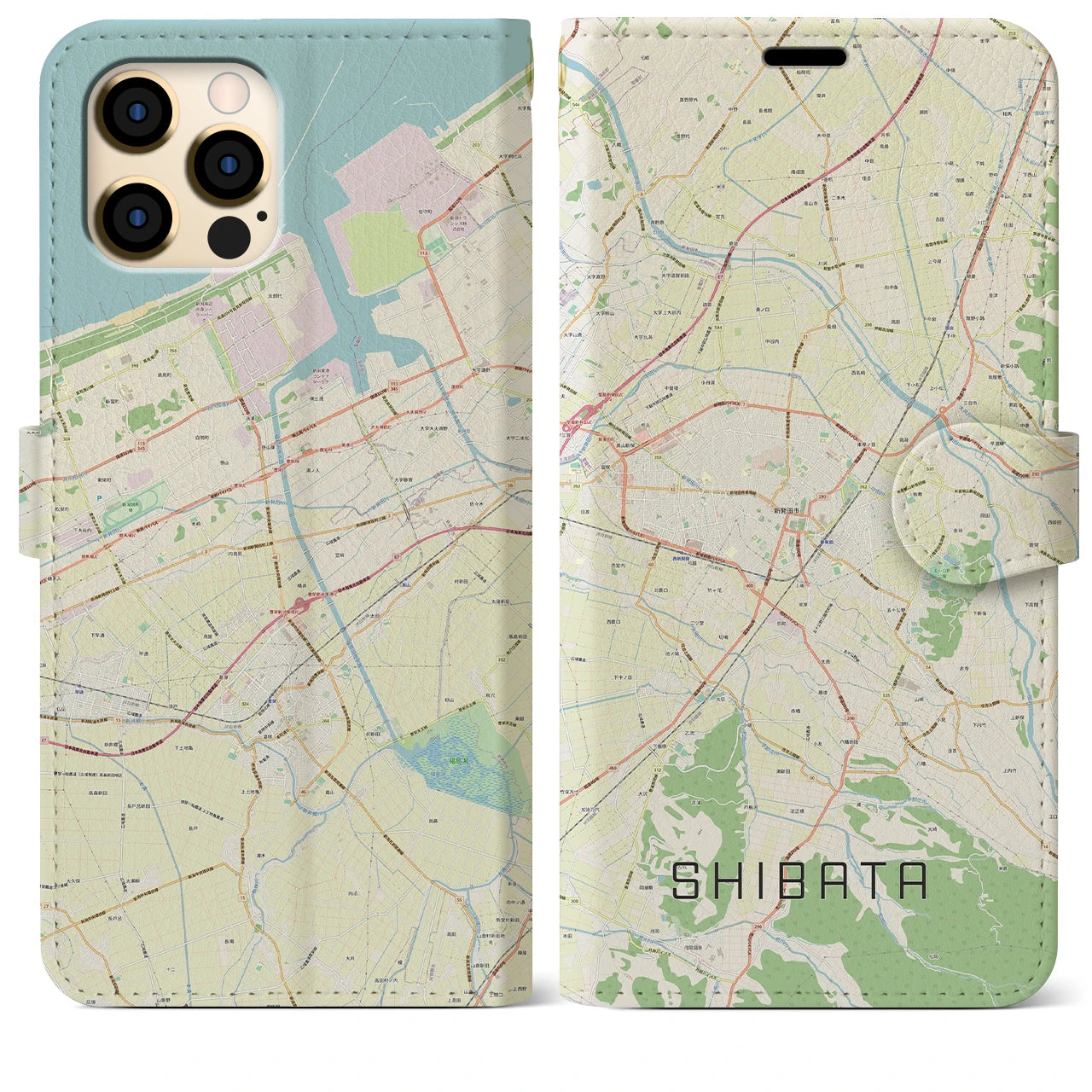 【新発田】地図柄iPhoneケース（手帳両面タイプ・ナチュラル）iPhone 12 Pro Max 用