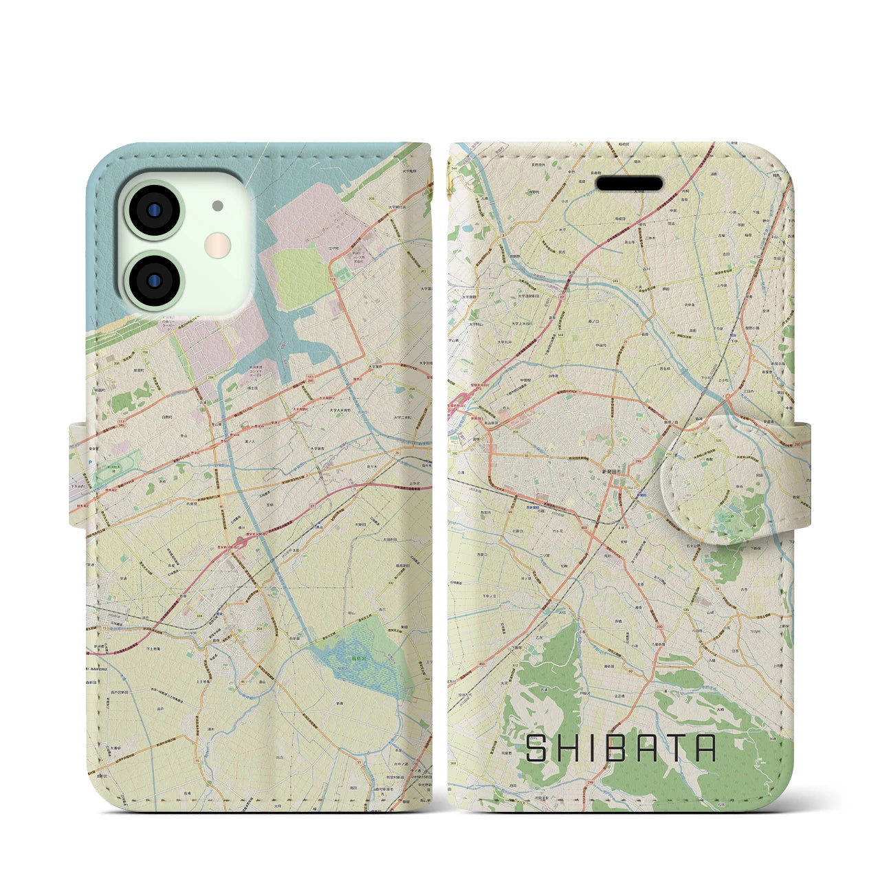 【新発田】地図柄iPhoneケース（手帳両面タイプ・ナチュラル）iPhone 12 mini 用