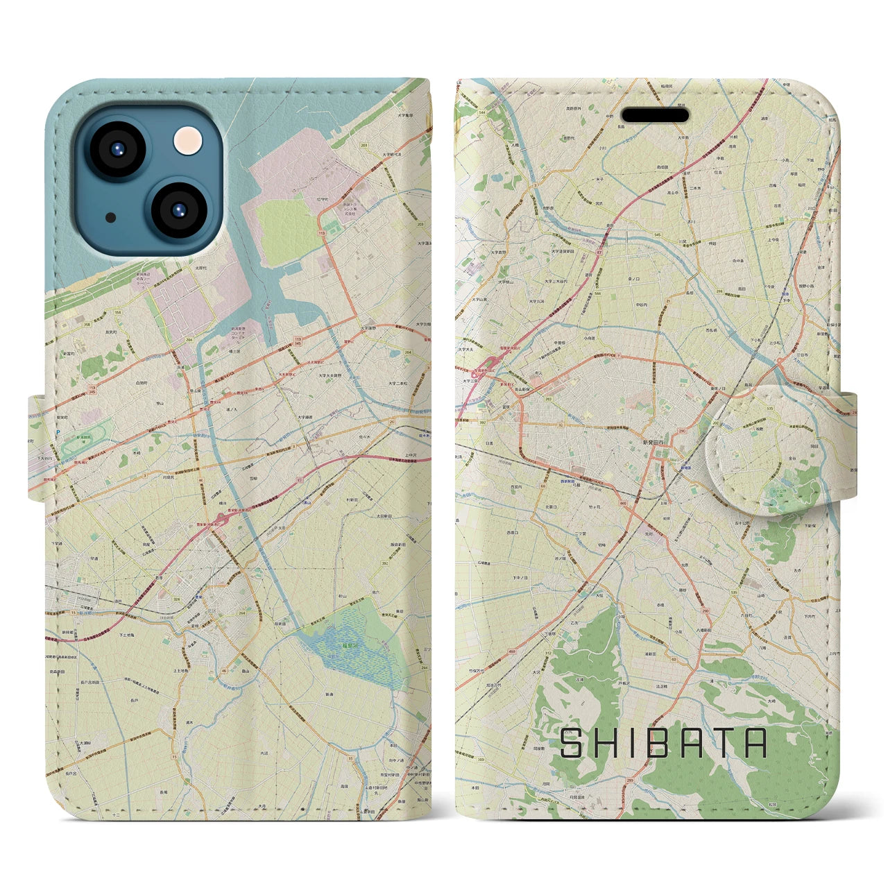 【新発田】地図柄iPhoneケース（手帳両面タイプ・ナチュラル）iPhone 13 用