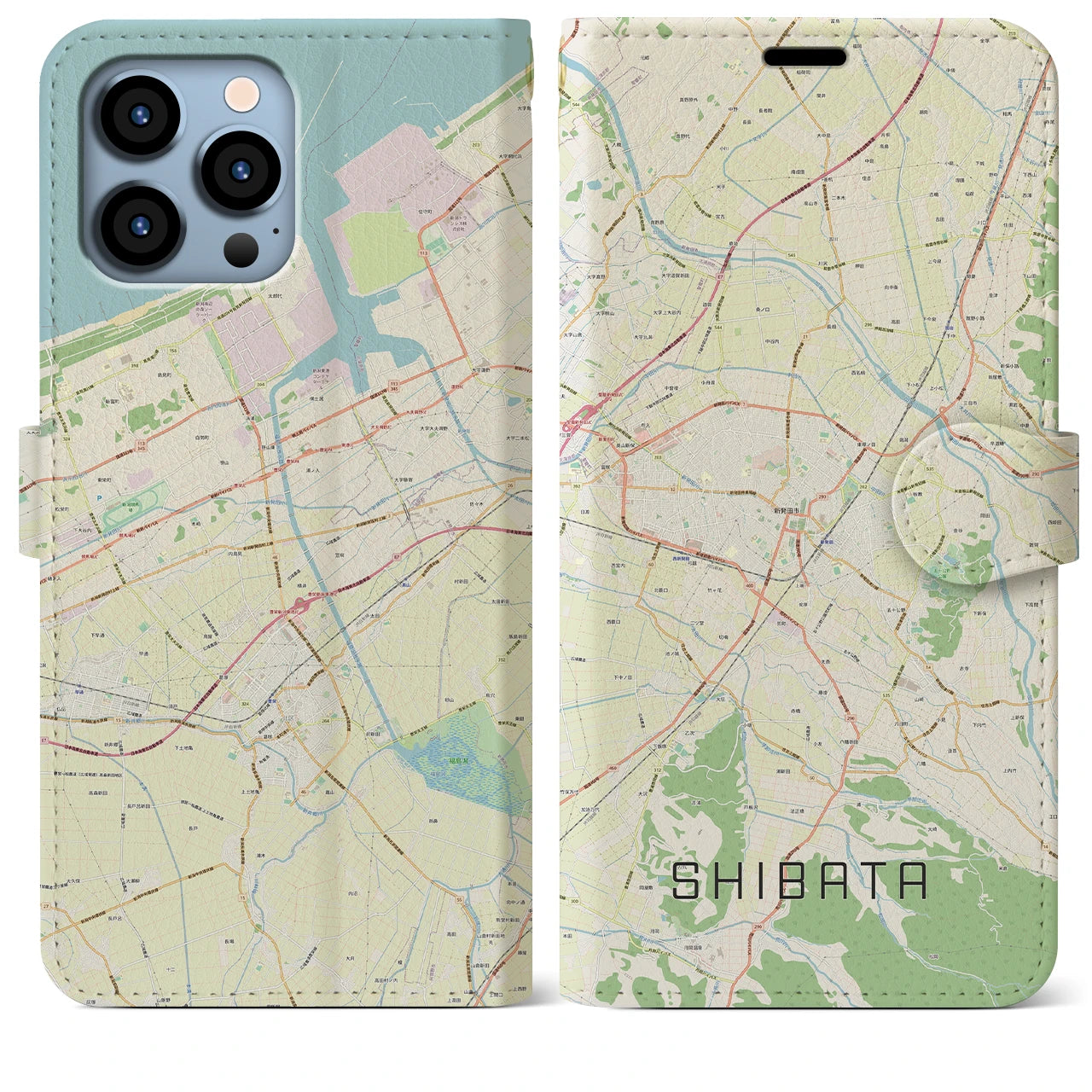 【新発田】地図柄iPhoneケース（手帳両面タイプ・ナチュラル）iPhone 13 Pro Max 用