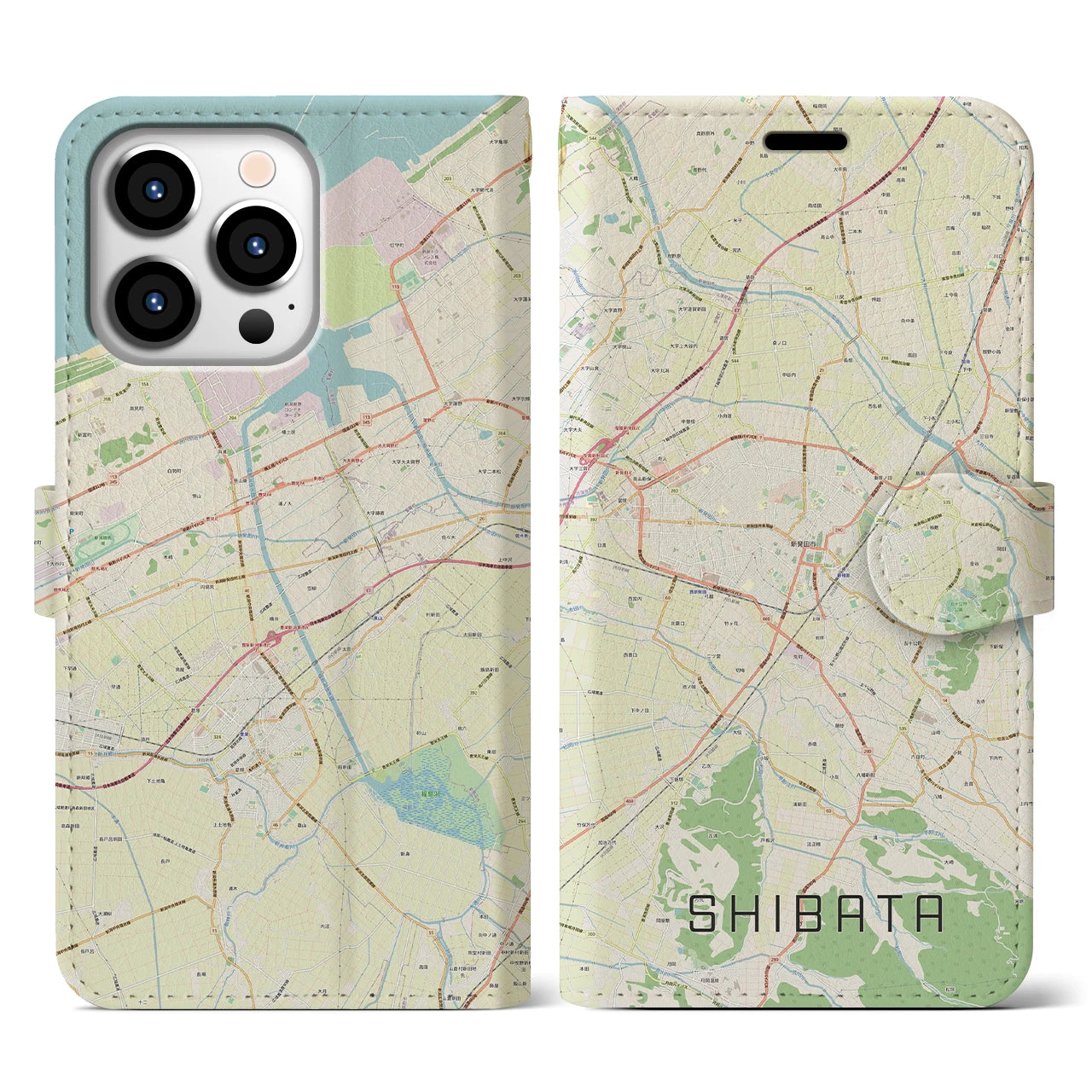 【新発田】地図柄iPhoneケース（手帳両面タイプ・ナチュラル）iPhone 13 Pro 用