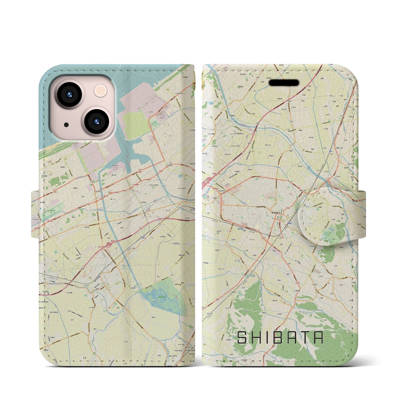 【新発田】地図柄iPhoneケース（手帳両面タイプ・ナチュラル）iPhone 13 mini 用