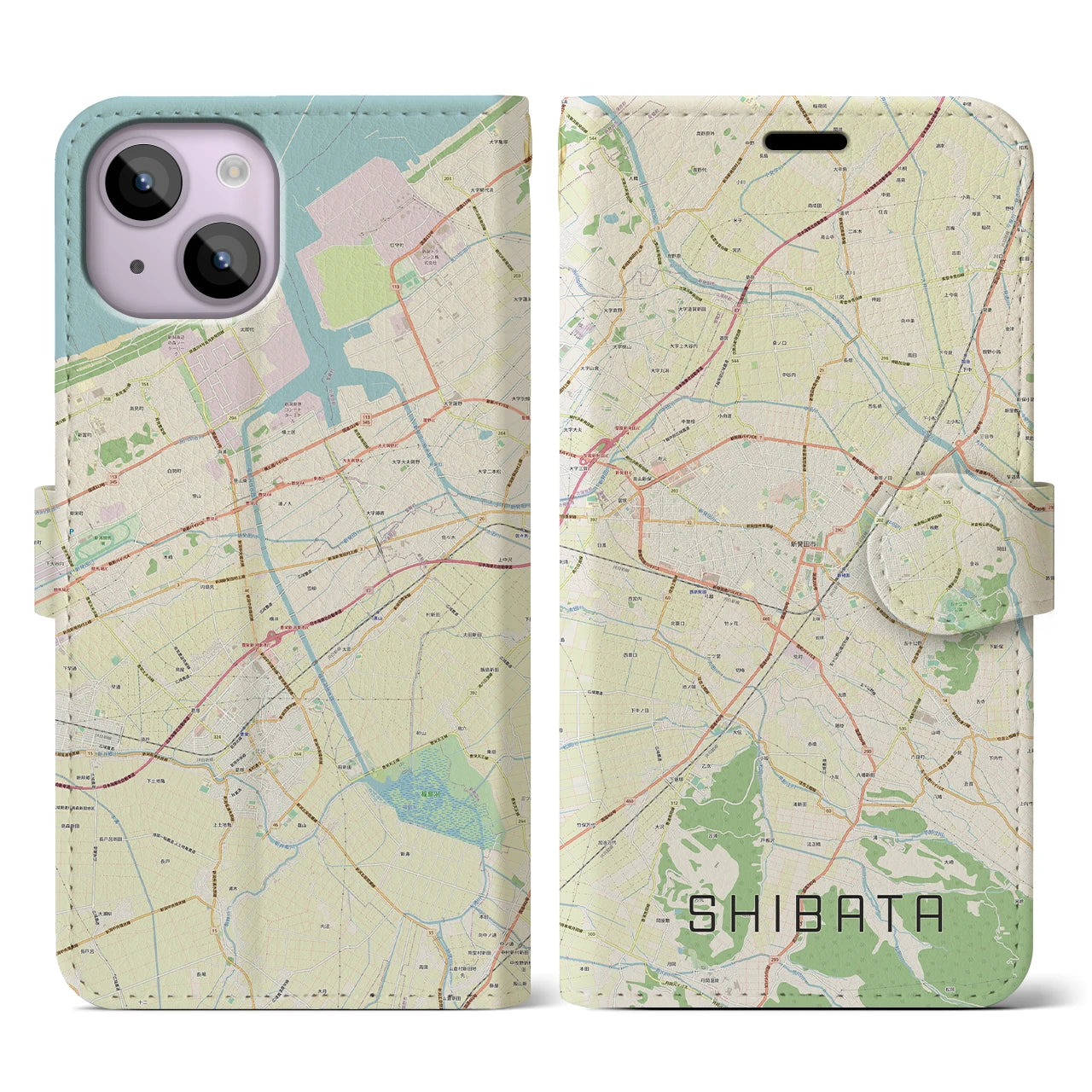 【新発田】地図柄iPhoneケース（手帳両面タイプ・ナチュラル）iPhone 14 用