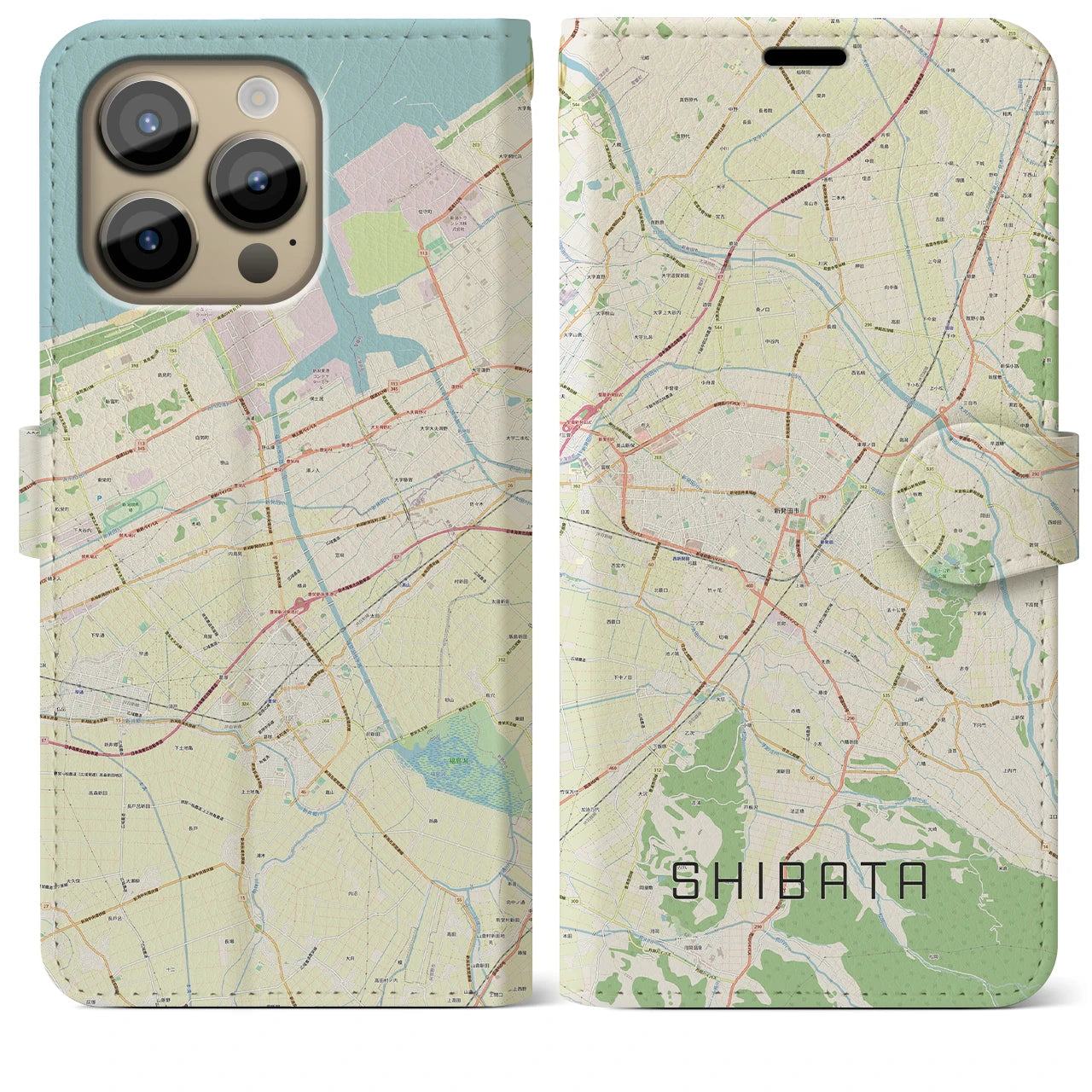 【新発田】地図柄iPhoneケース（手帳両面タイプ・ナチュラル）iPhone 14 Pro Max 用