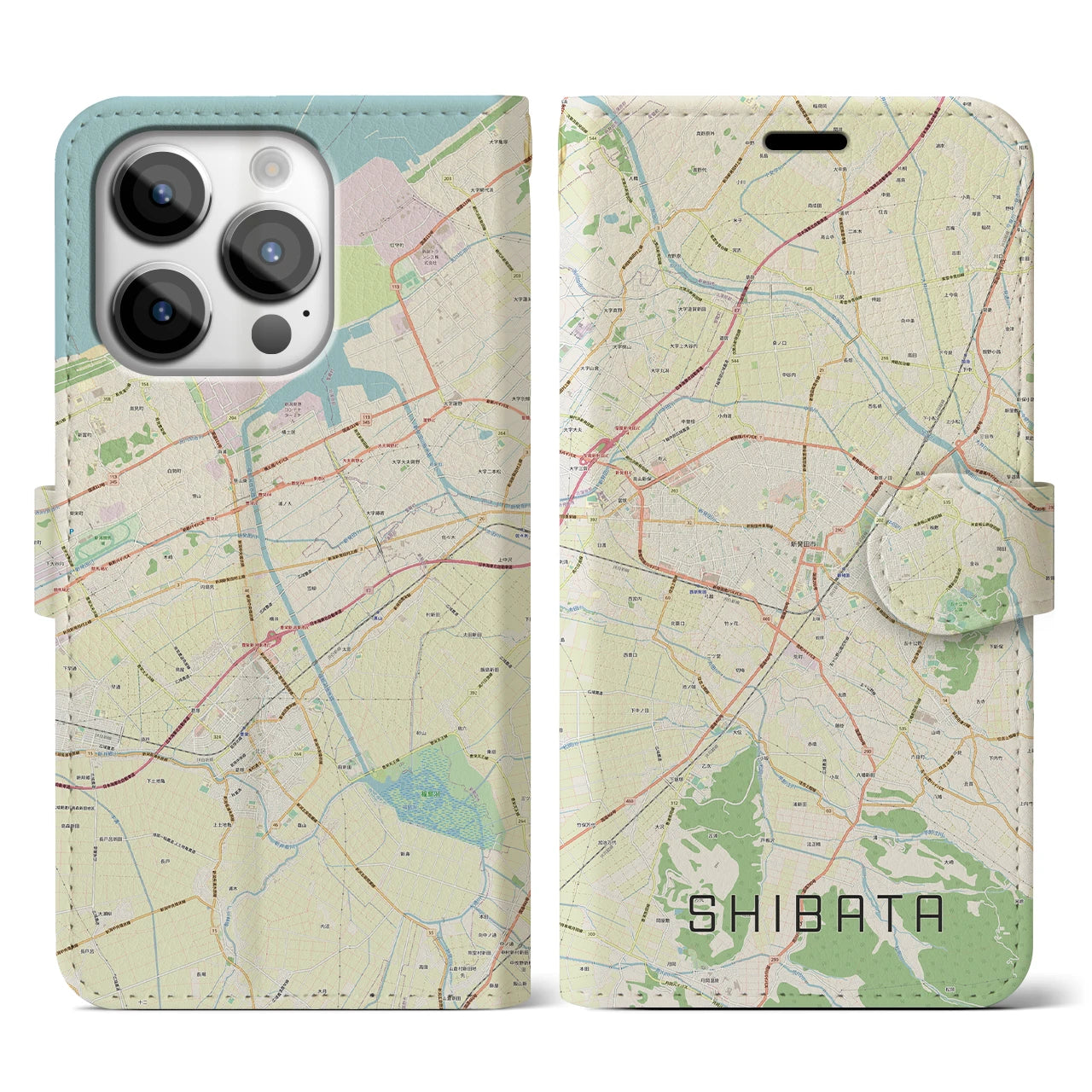 【新発田】地図柄iPhoneケース（手帳両面タイプ・ナチュラル）iPhone 14 Pro 用