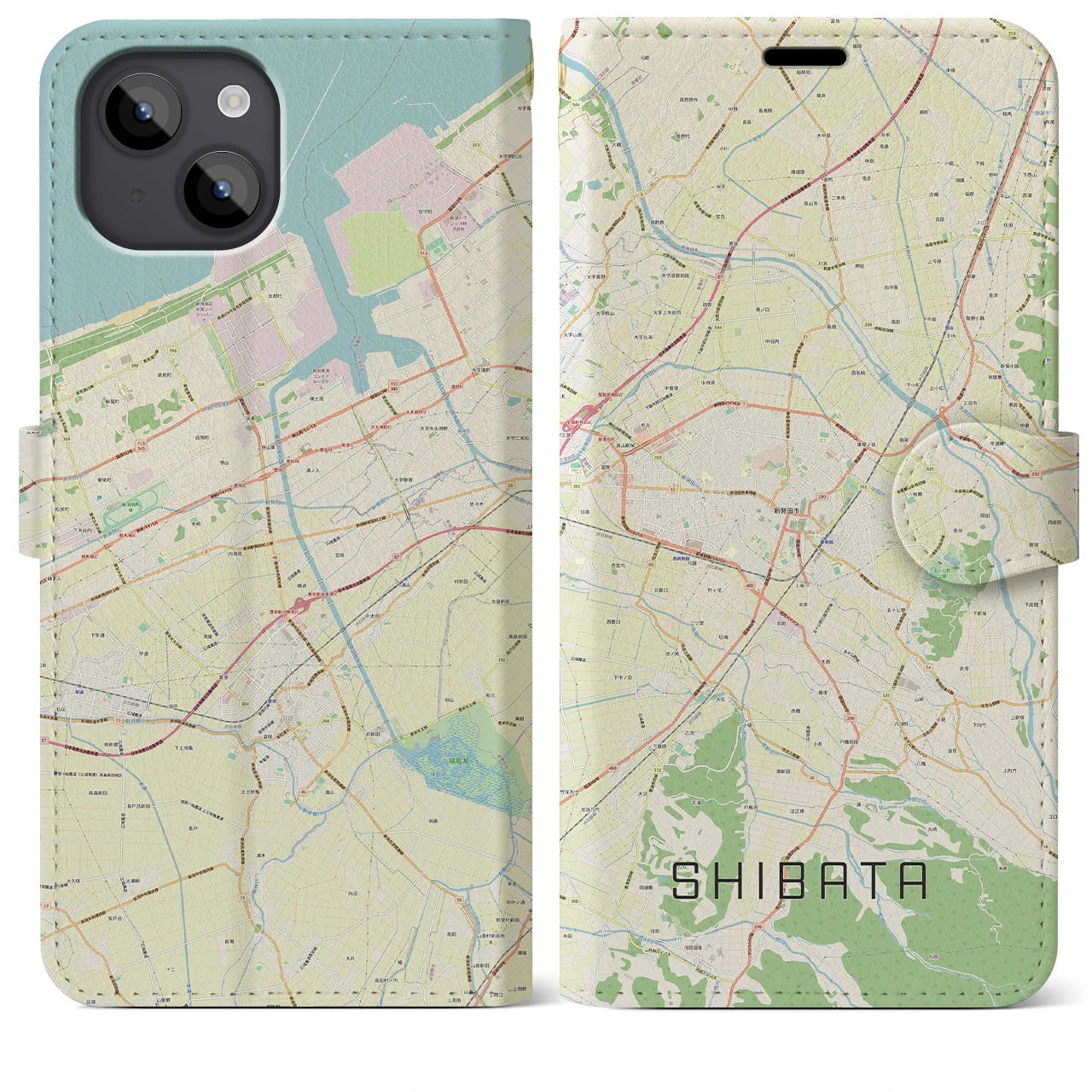 【新発田】地図柄iPhoneケース（手帳両面タイプ・ナチュラル）iPhone 14 Plus 用