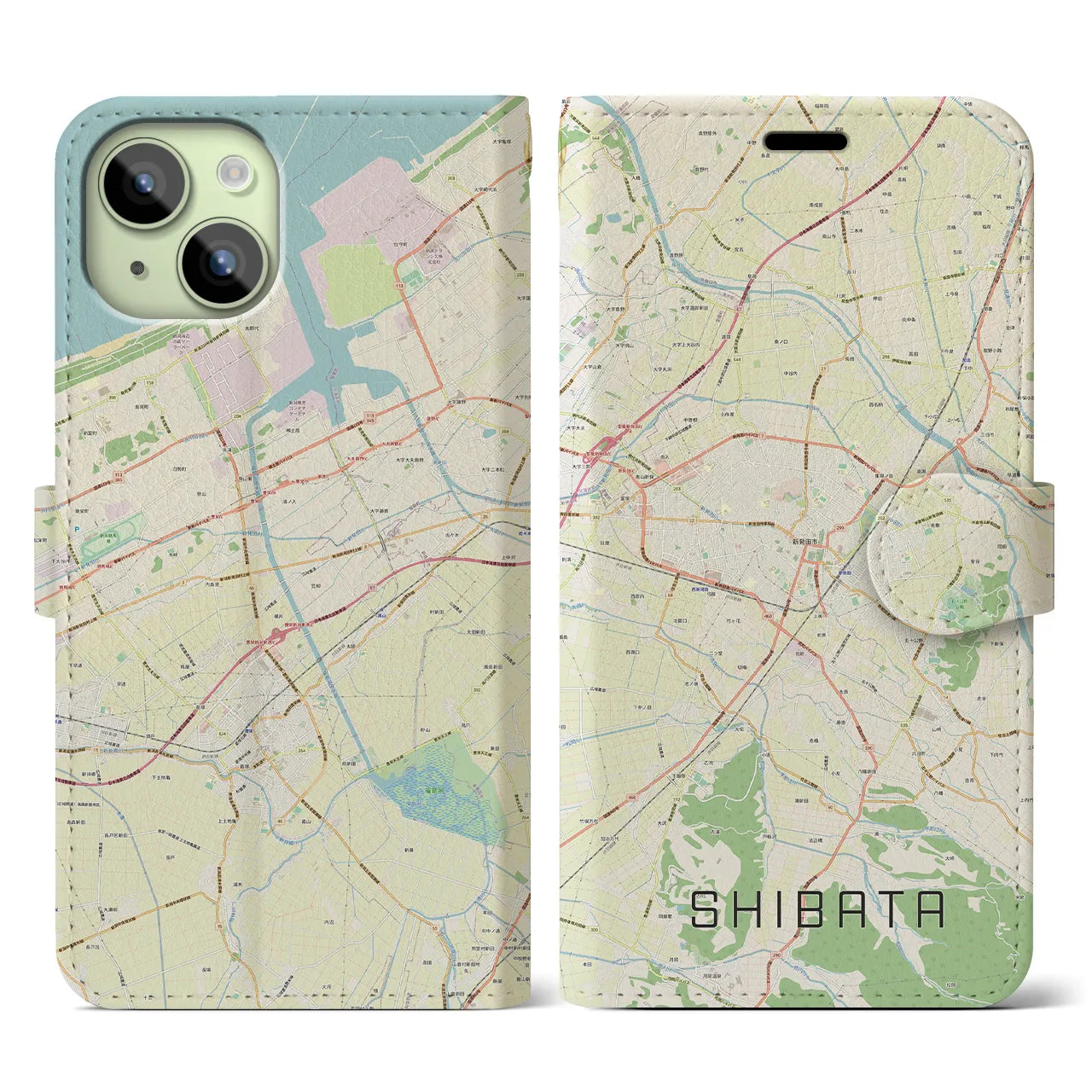 【新発田】地図柄iPhoneケース（手帳両面タイプ・ナチュラル）iPhone 15 用