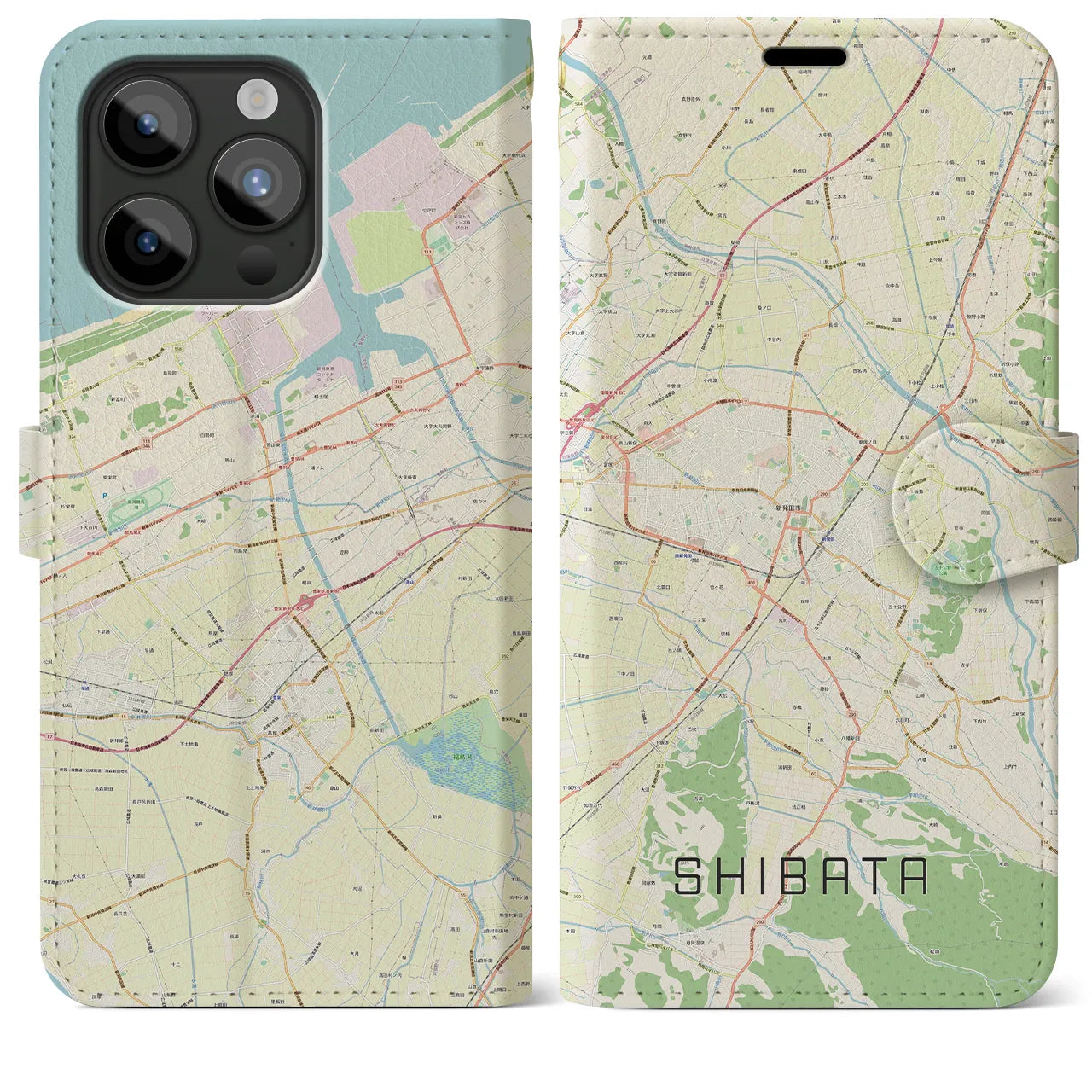 【新発田】地図柄iPhoneケース（手帳両面タイプ・ナチュラル）iPhone 15 Pro Max 用