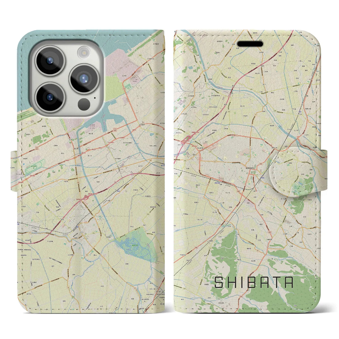 【新発田】地図柄iPhoneケース（手帳両面タイプ・ナチュラル）iPhone 15 Pro 用