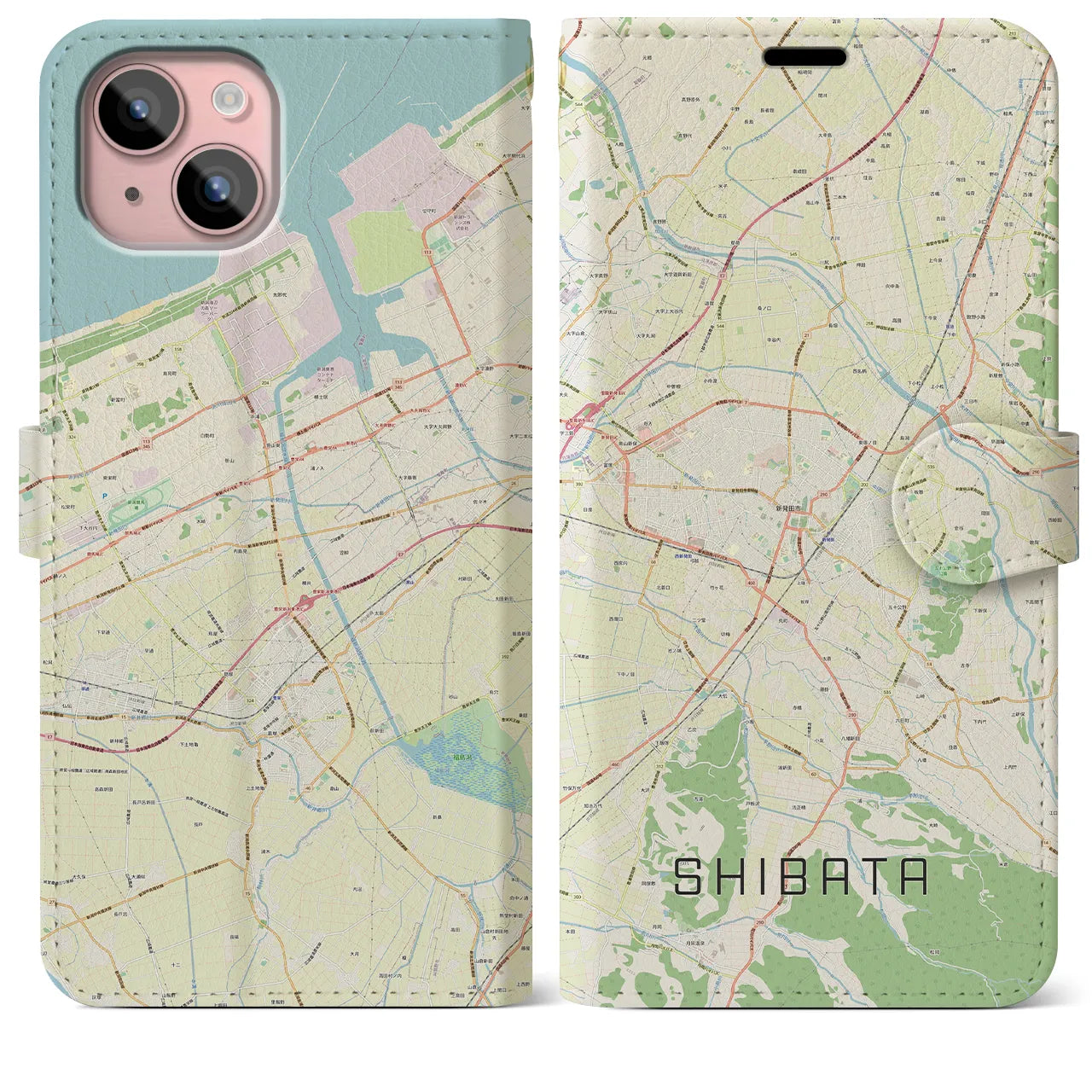 【新発田】地図柄iPhoneケース（手帳両面タイプ・ナチュラル）iPhone 15 Plus 用