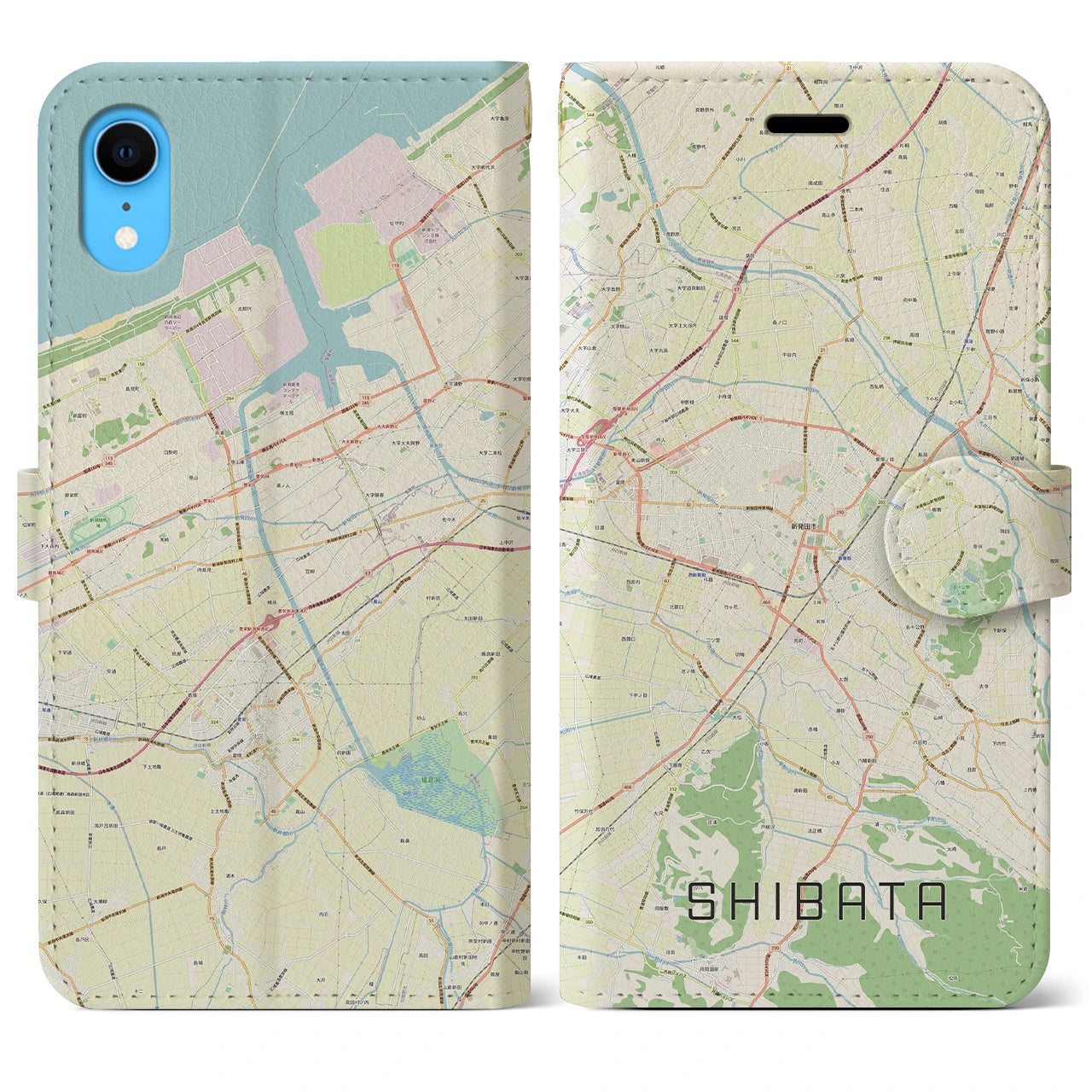 【新発田】地図柄iPhoneケース（手帳両面タイプ・ナチュラル）iPhone XR 用