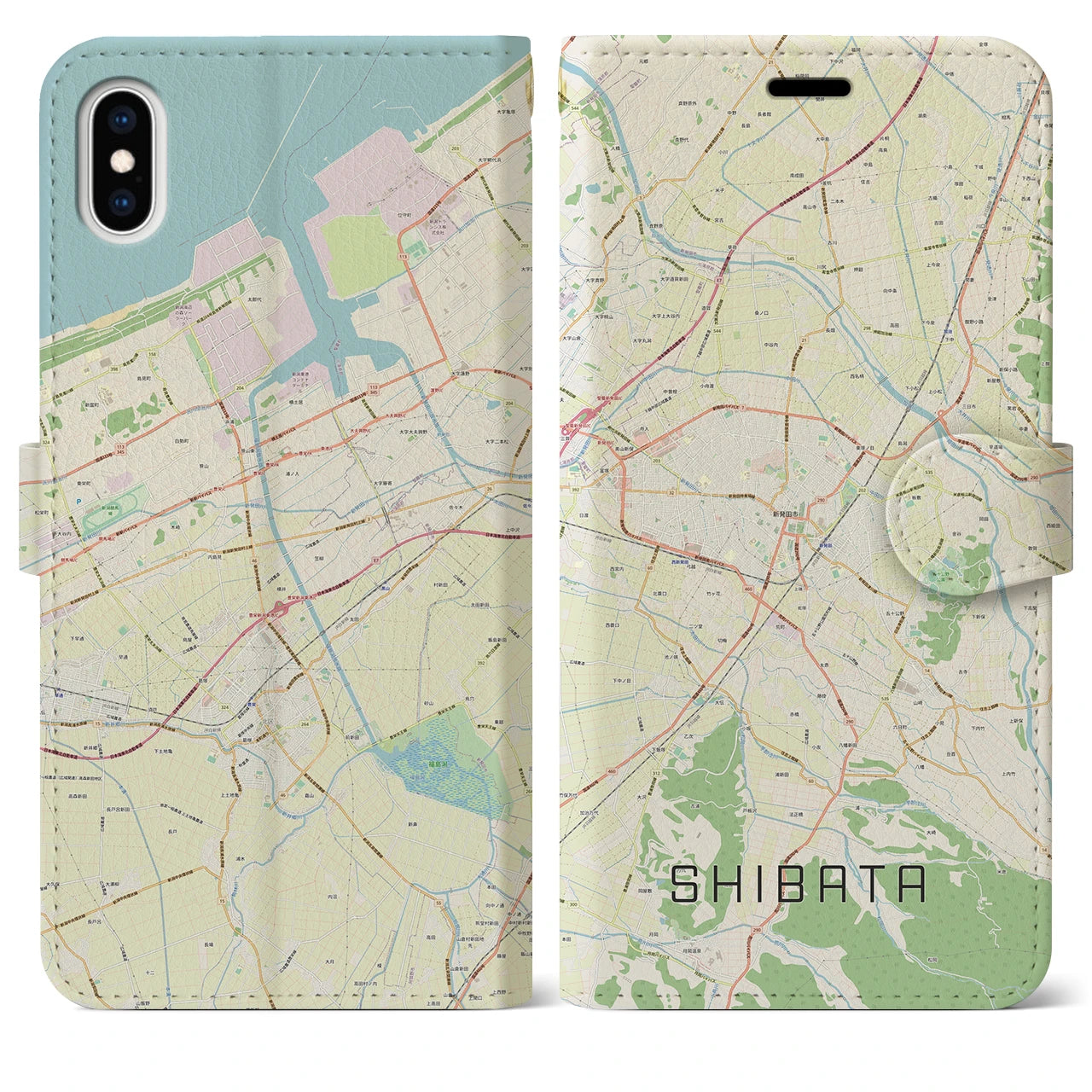 【新発田】地図柄iPhoneケース（手帳両面タイプ・ナチュラル）iPhone XS Max 用