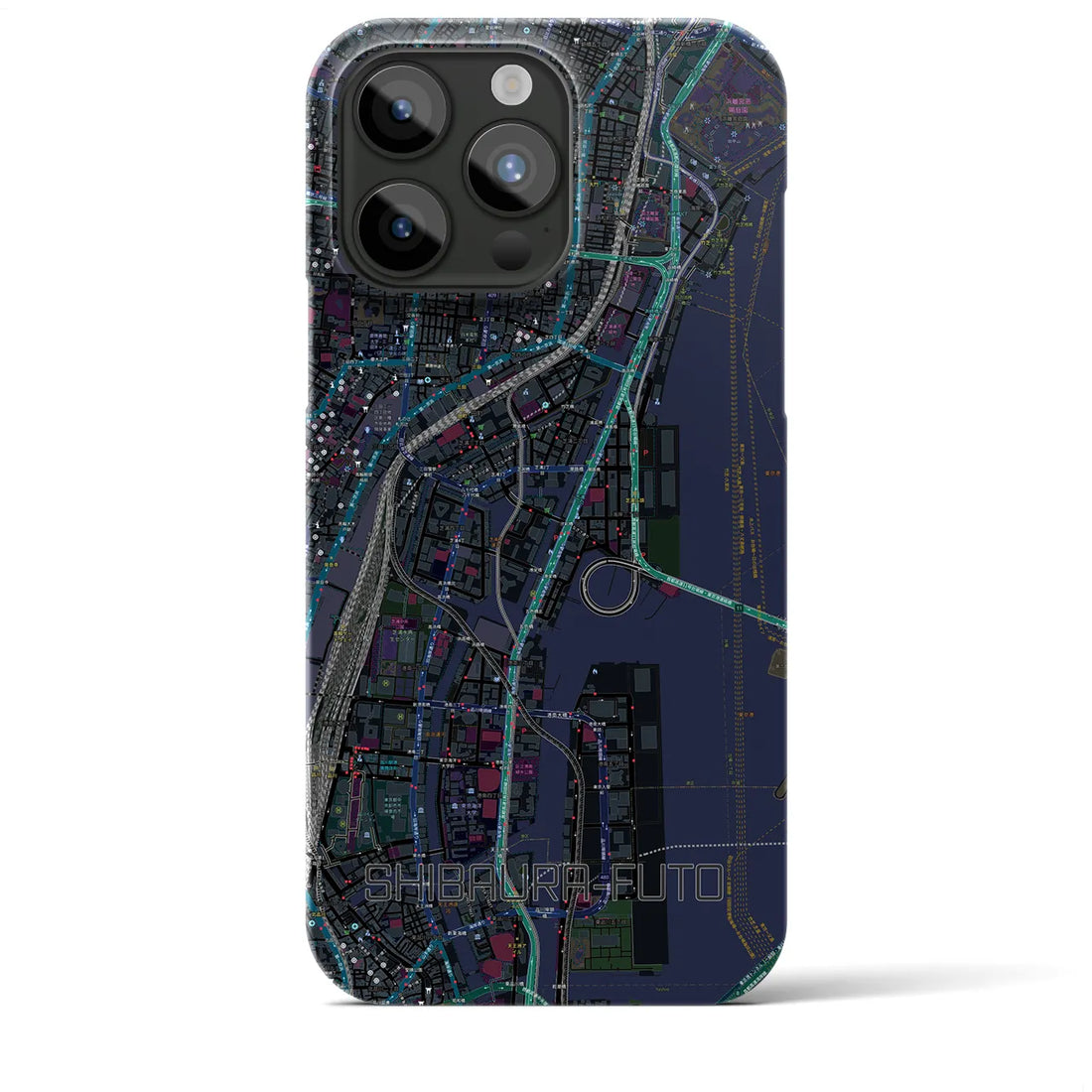 【芝浦ふ頭】地図柄iPhoneケース（バックカバータイプ・ブラック）iPhone 15 Pro Max 用