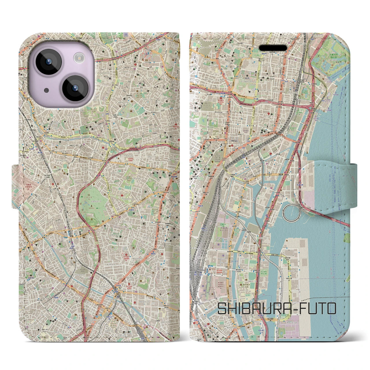 【芝浦ふ頭】地図柄iPhoneケース（手帳両面タイプ・ナチュラル）iPhone 14 用