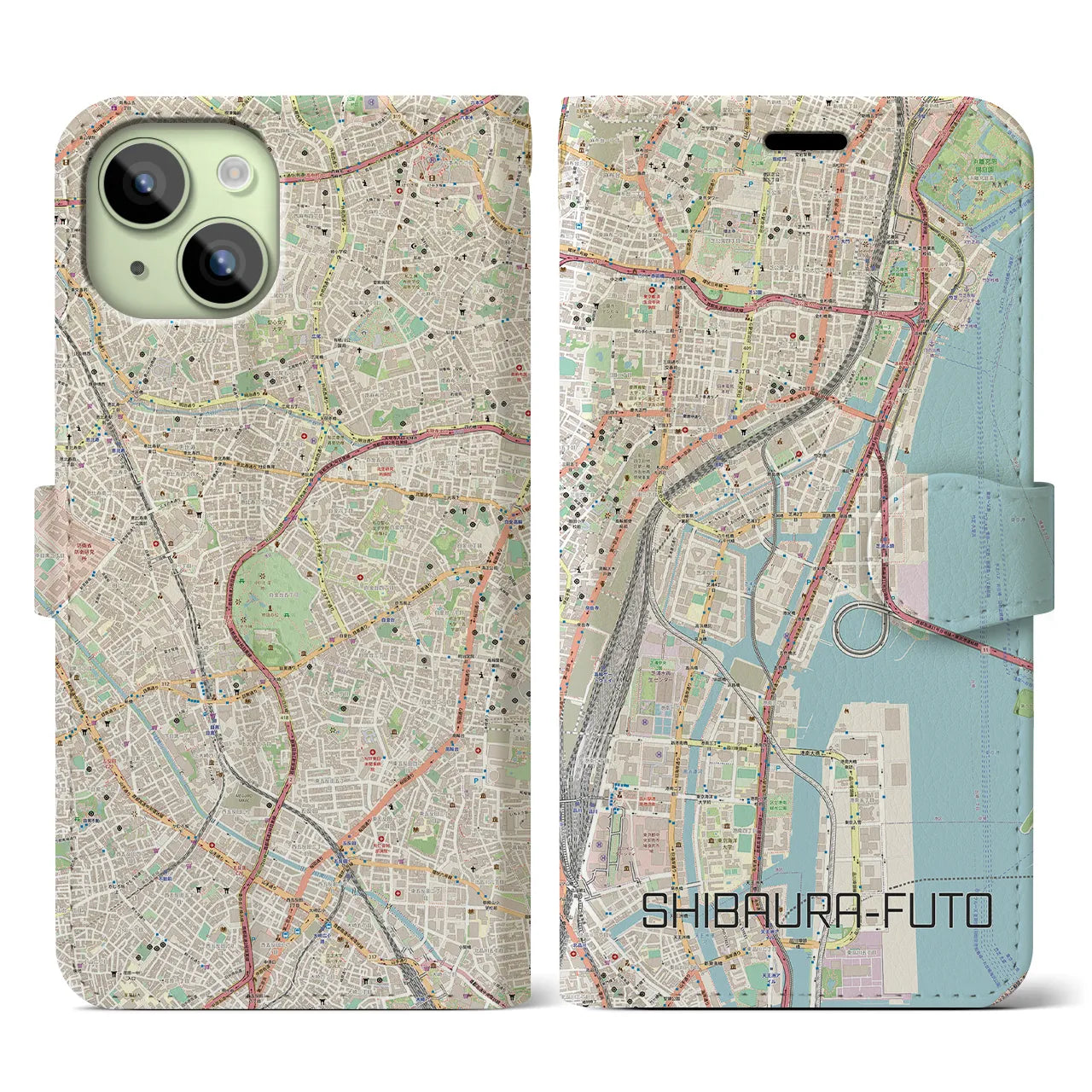 【芝浦ふ頭】地図柄iPhoneケース（手帳両面タイプ・ナチュラル）iPhone 15 用