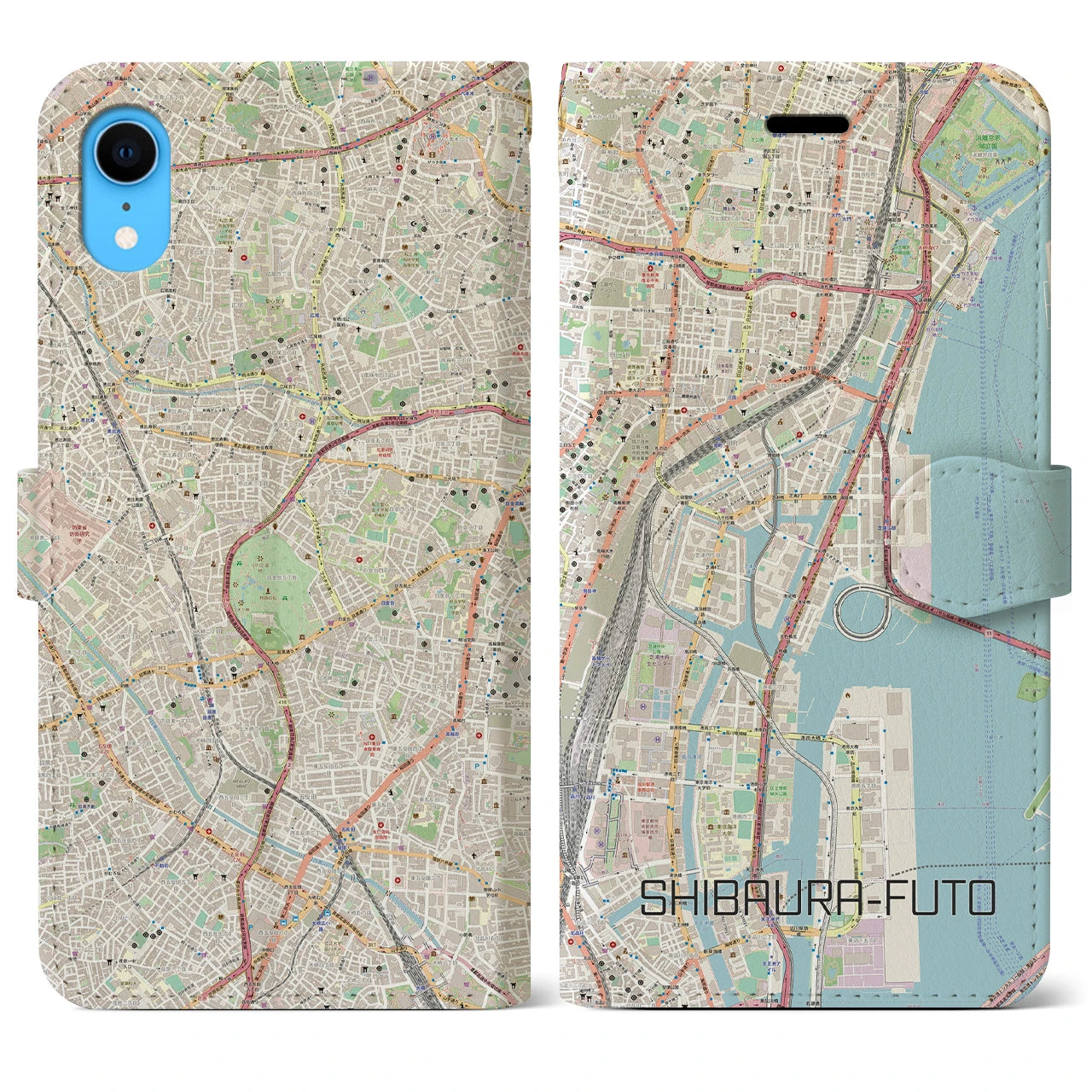 【芝浦ふ頭】地図柄iPhoneケース（手帳両面タイプ・ナチュラル）iPhone XR 用