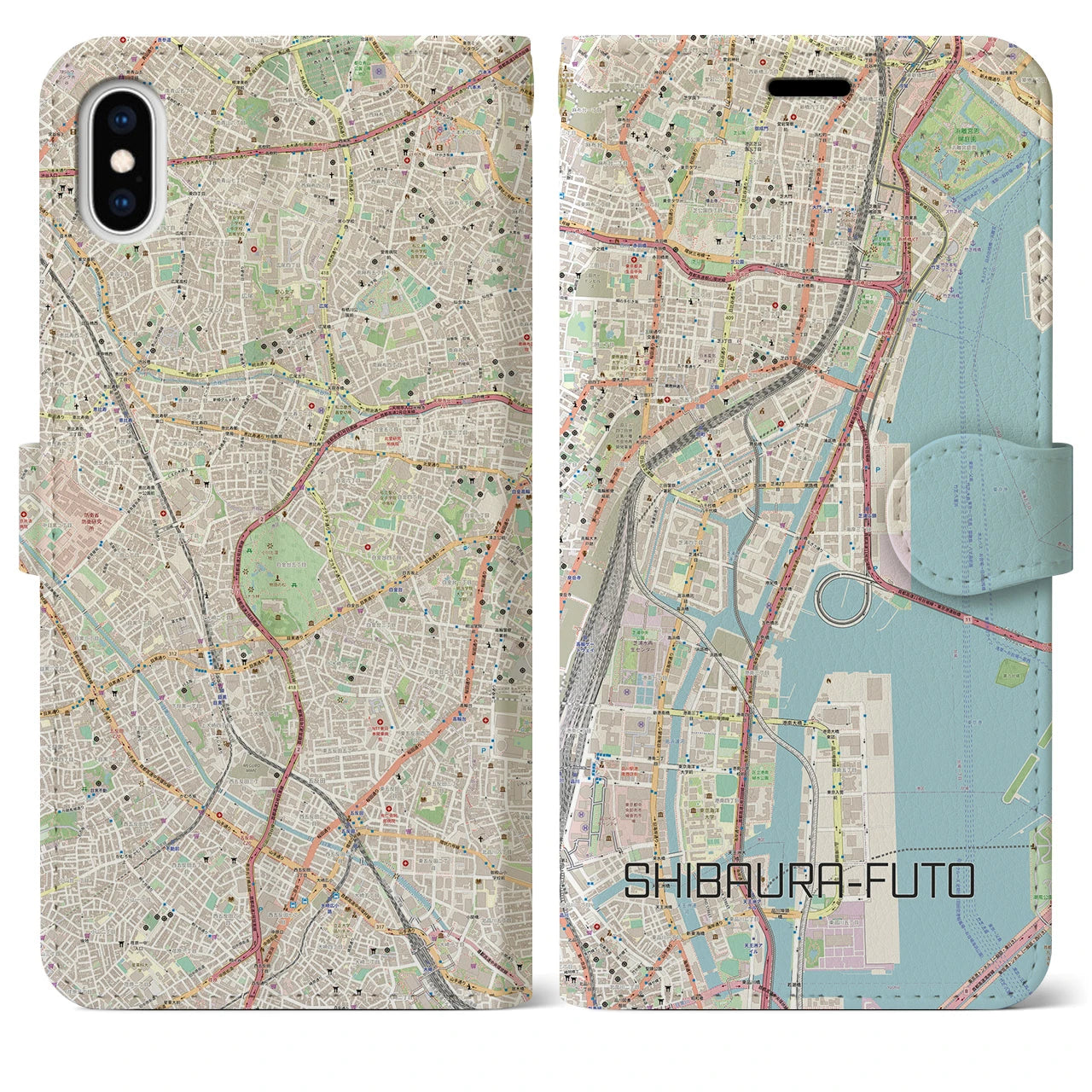 【芝浦ふ頭】地図柄iPhoneケース（手帳両面タイプ・ナチュラル）iPhone XS Max 用