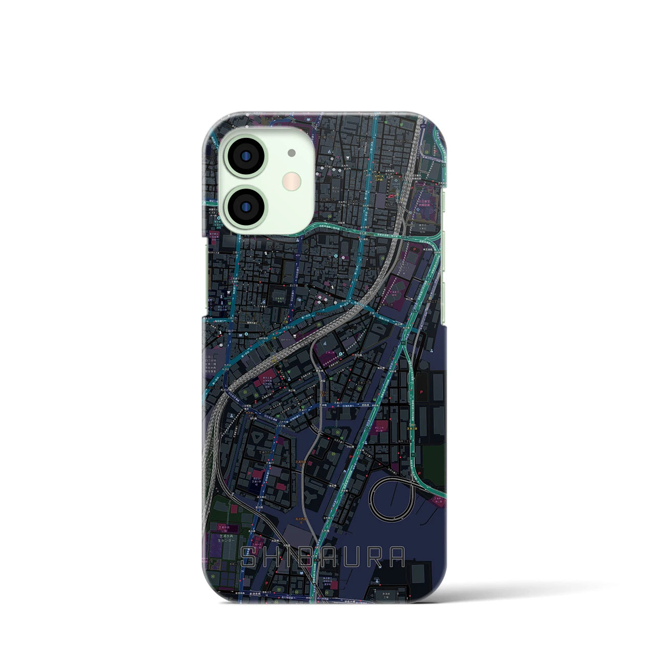 【芝浦】地図柄iPhoneケース（バックカバータイプ・ブラック）iPhone 12 mini 用