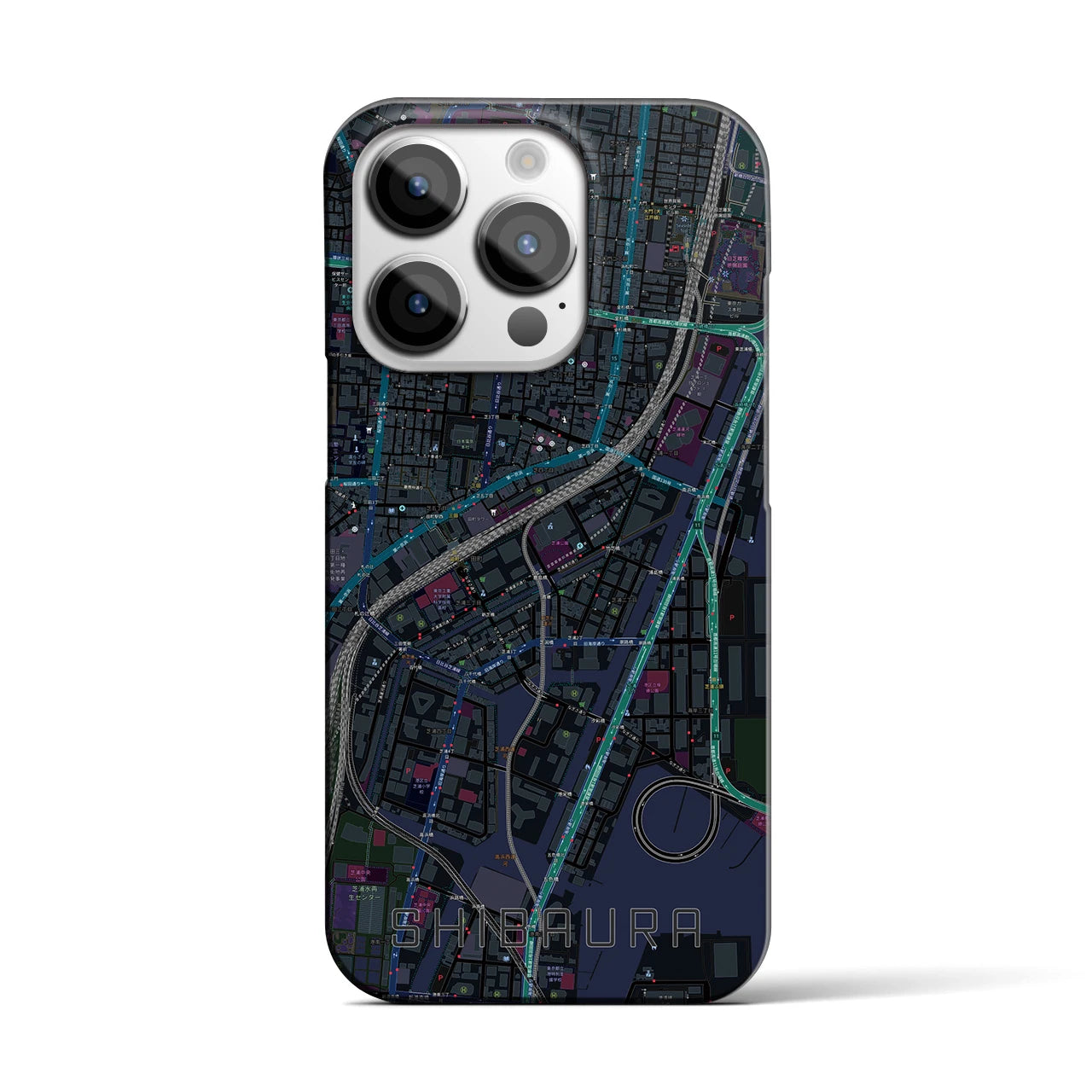 【芝浦】地図柄iPhoneケース（バックカバータイプ・ブラック）iPhone 14 Pro 用