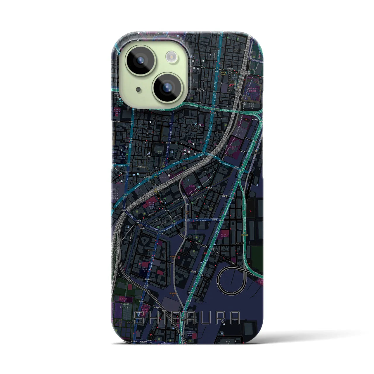 【芝浦】地図柄iPhoneケース（バックカバータイプ・ブラック）iPhone 15 用