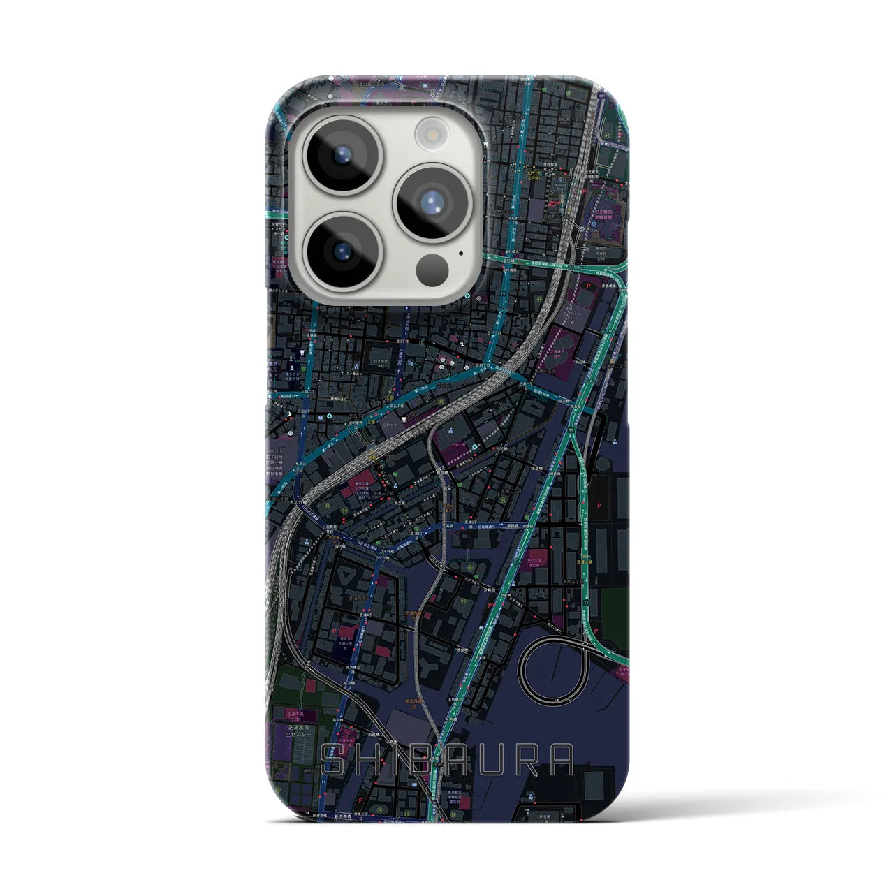【芝浦】地図柄iPhoneケース（バックカバータイプ・ブラック）iPhone 15 Pro 用