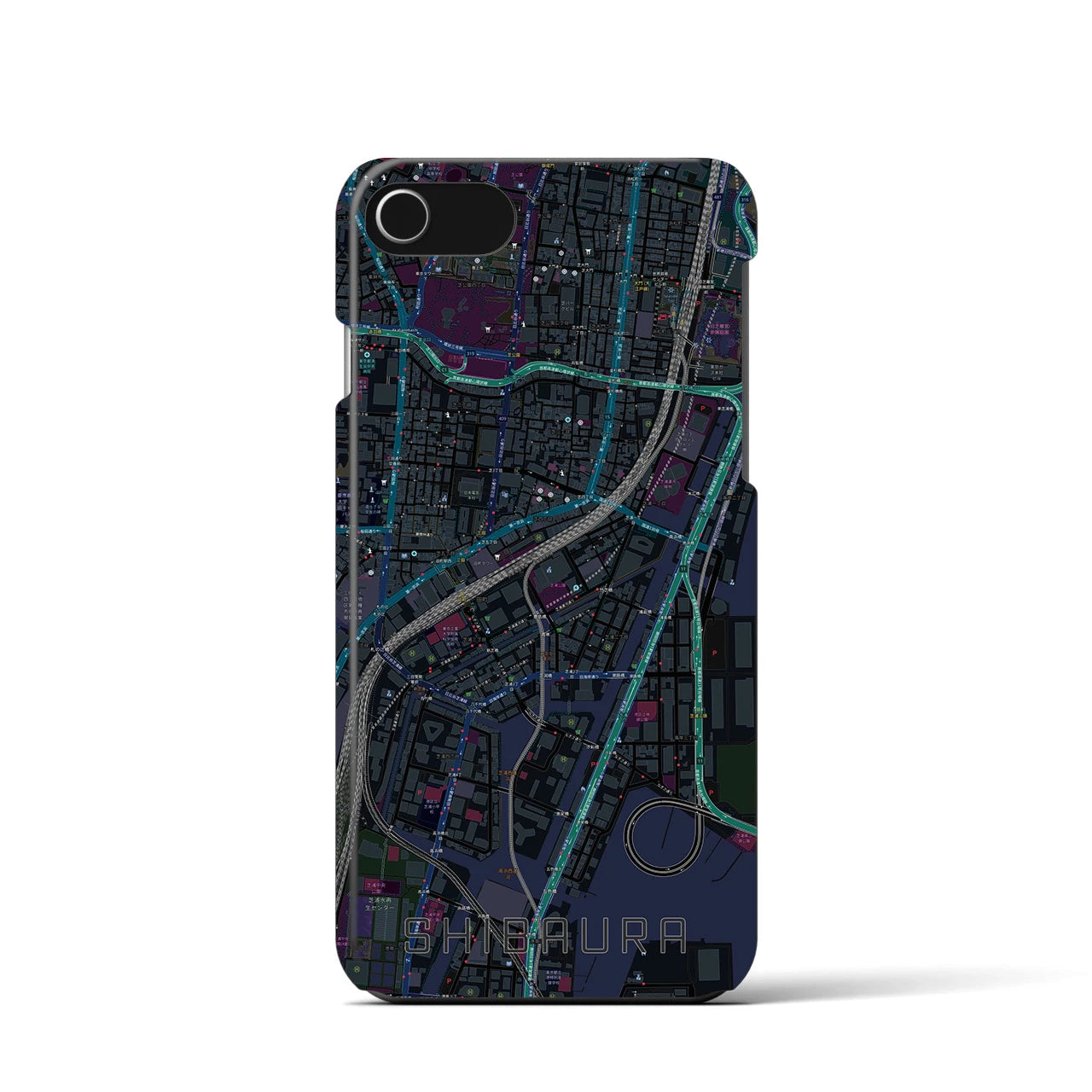【芝浦】地図柄iPhoneケース（バックカバータイプ・ブラック）iPhone SE（第3 / 第2世代） / 8 / 7 / 6s / 6 用
