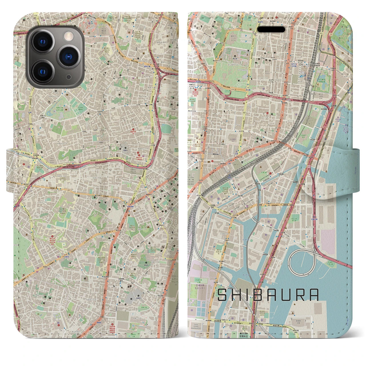 【芝浦】地図柄iPhoneケース（手帳両面タイプ・ナチュラル）iPhone 11 Pro Max 用