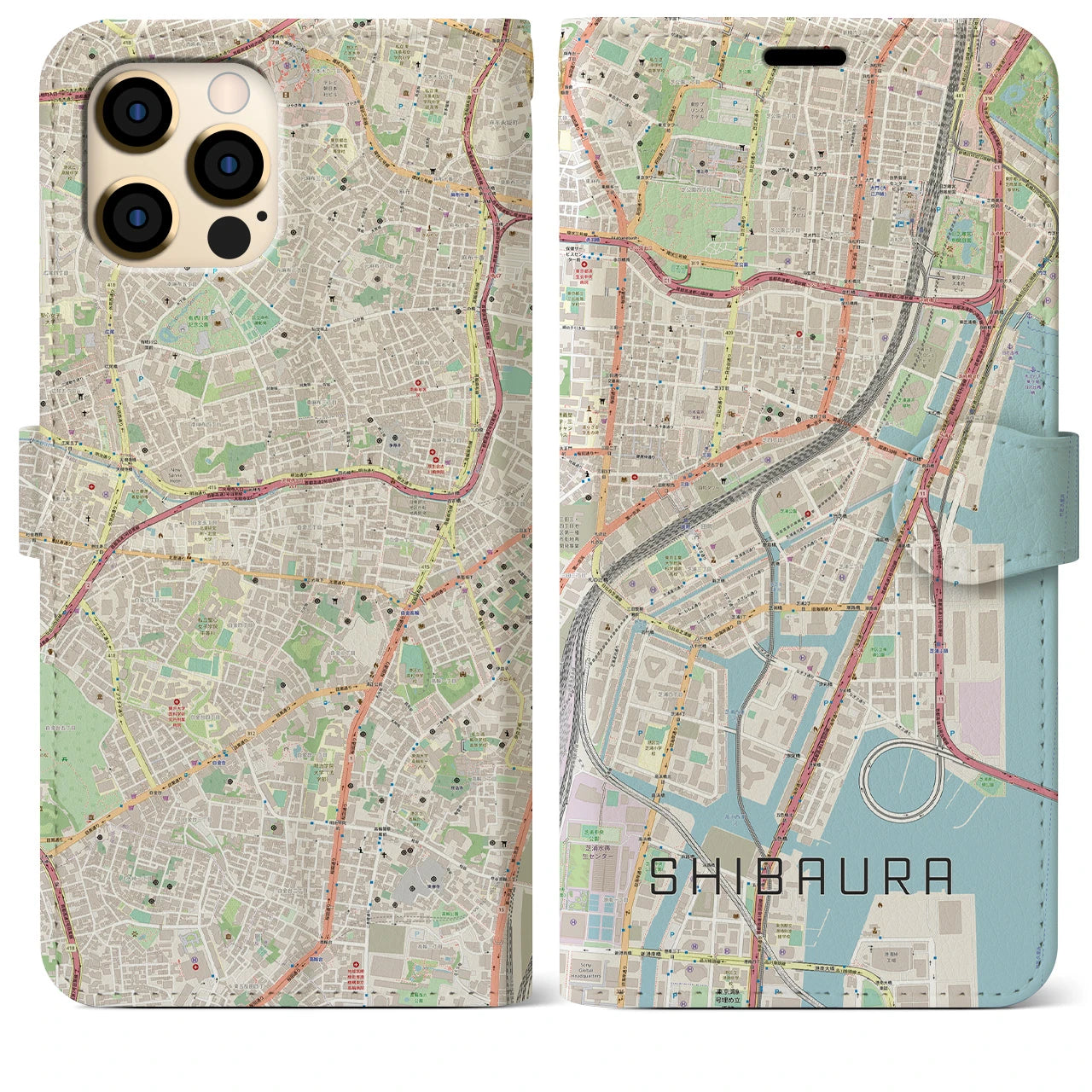 【芝浦】地図柄iPhoneケース（手帳両面タイプ・ナチュラル）iPhone 12 Pro Max 用